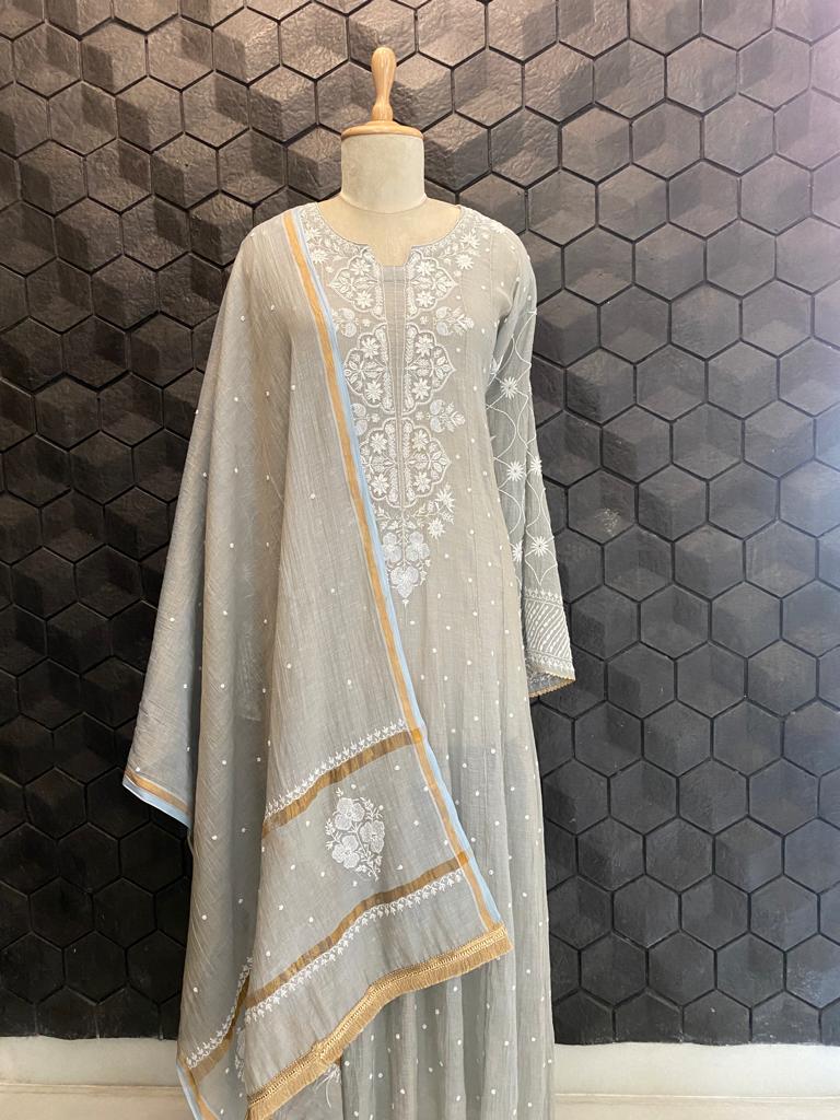 Grey Tissue Chikankari Anarkali Set