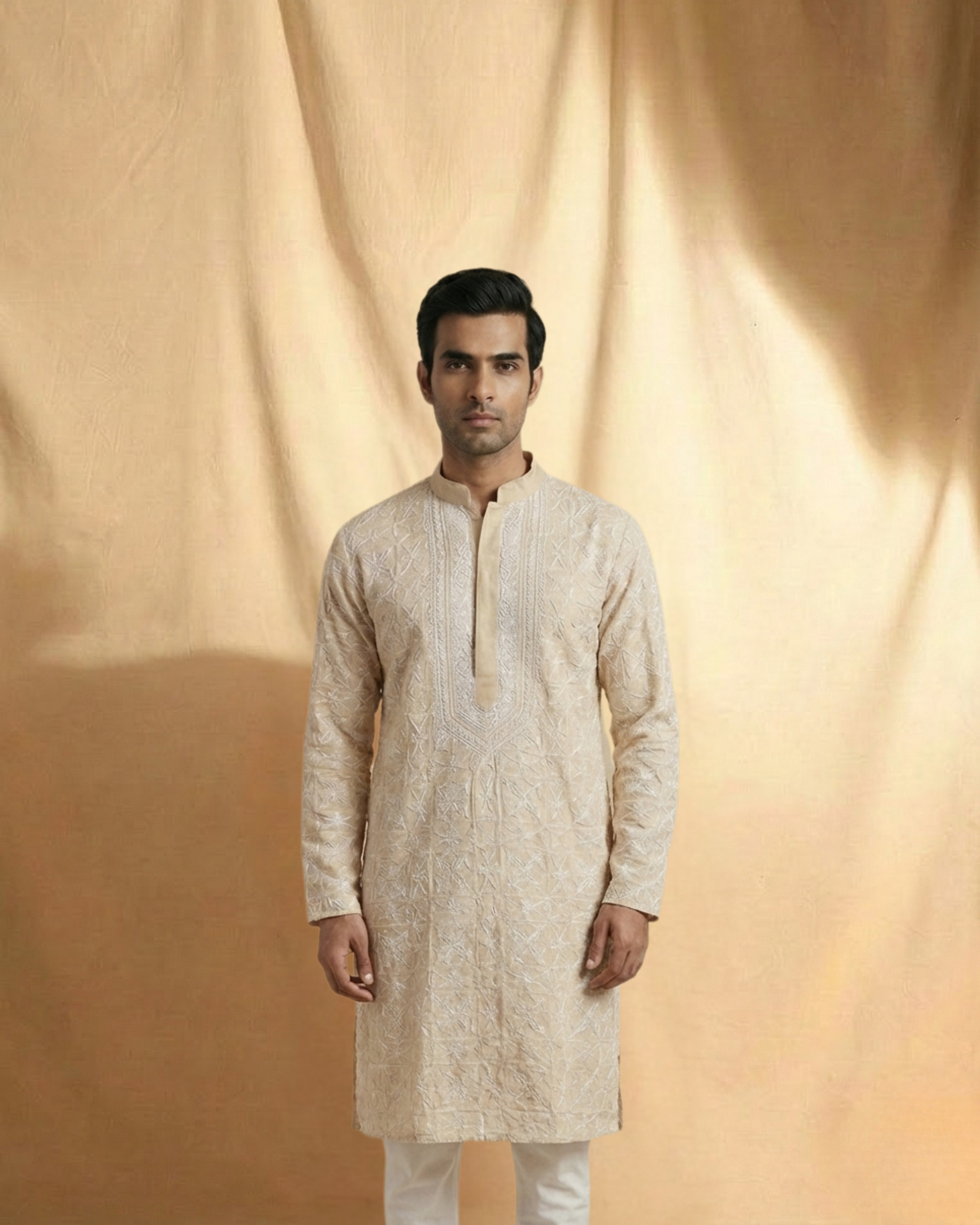Yellow Georgette Chikankari Mens kurta