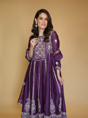 Aakriti in Purple Chanderi Chikankari Anarkali Set