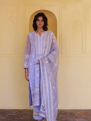 Mitali from House of Misu in our Periwinkle Premium Organza Chikankari Kurta Set