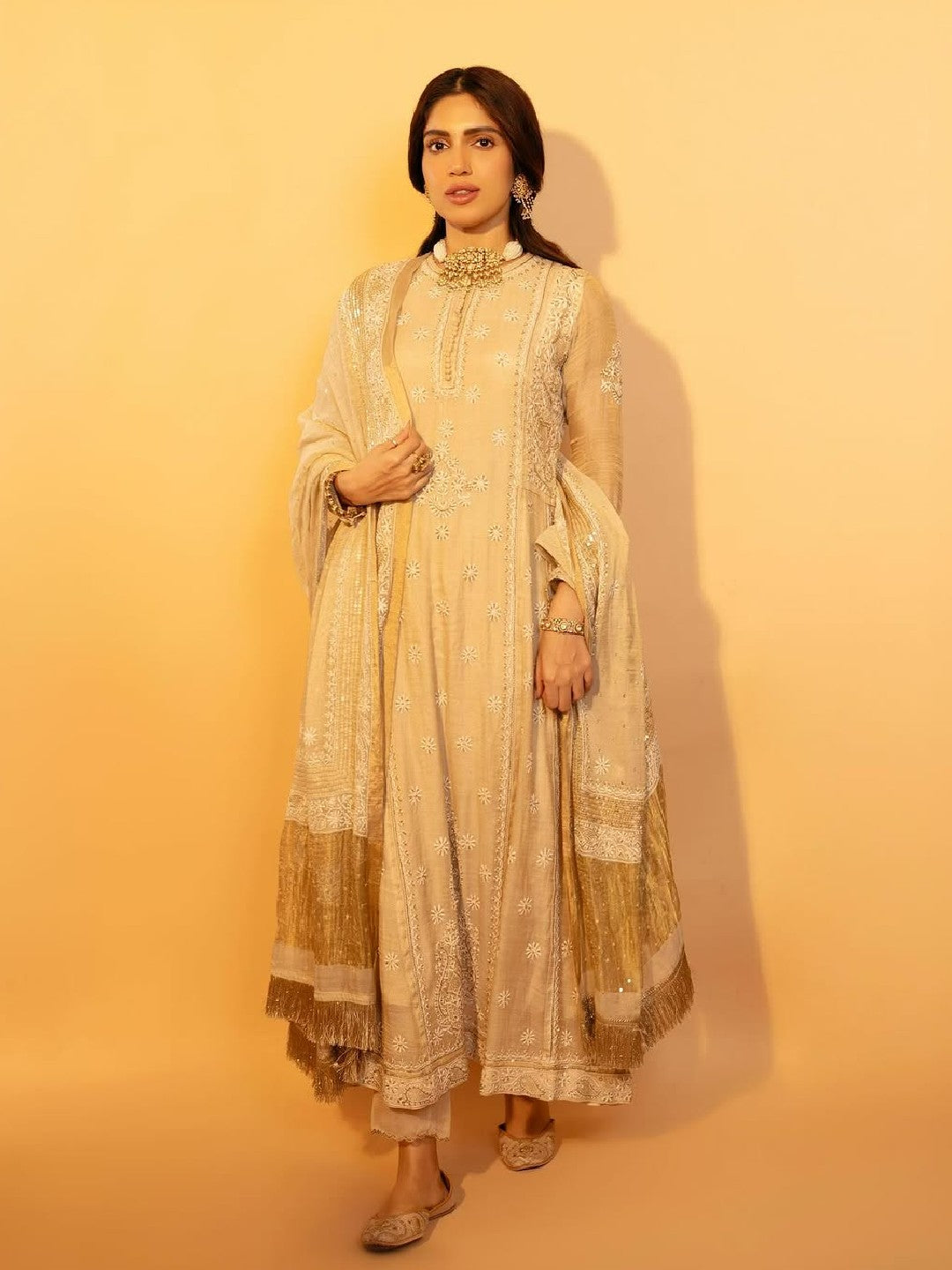 Bhumi Pednekar in our gold tissue a-line kurta with signature sequins dupatta