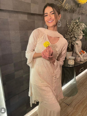 Palak Tiwari in beige chikankari viscose sharara set