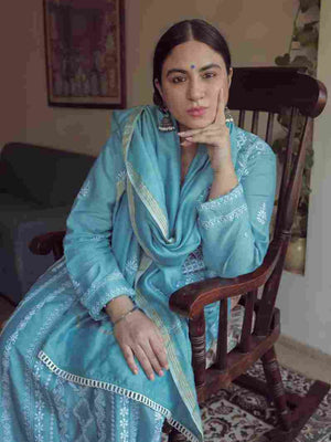 Priya Malik in our blue pure monga silk Chikankari Kurta Set
