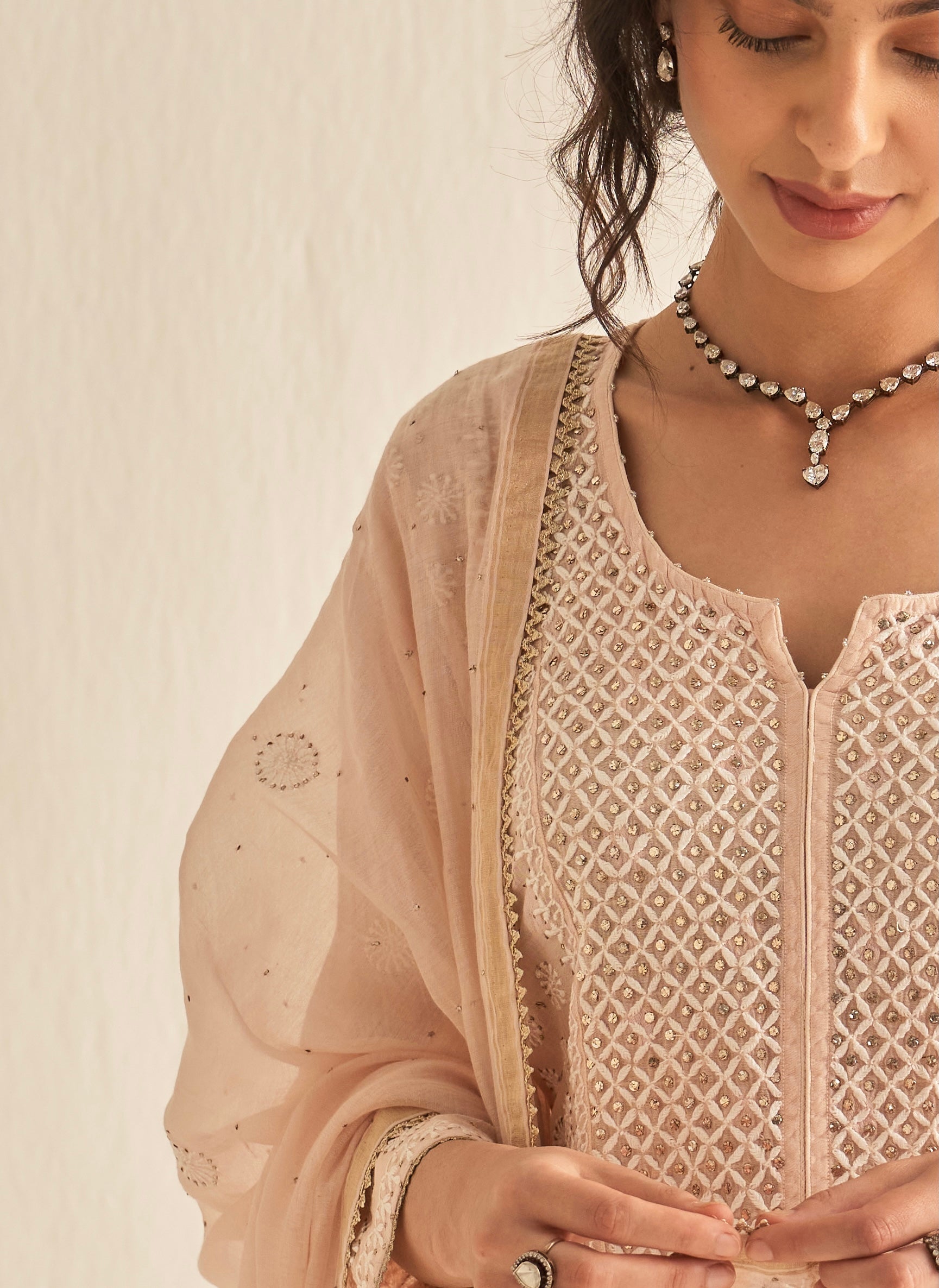 Peach mul chanderi with jacquard weaving kurta set