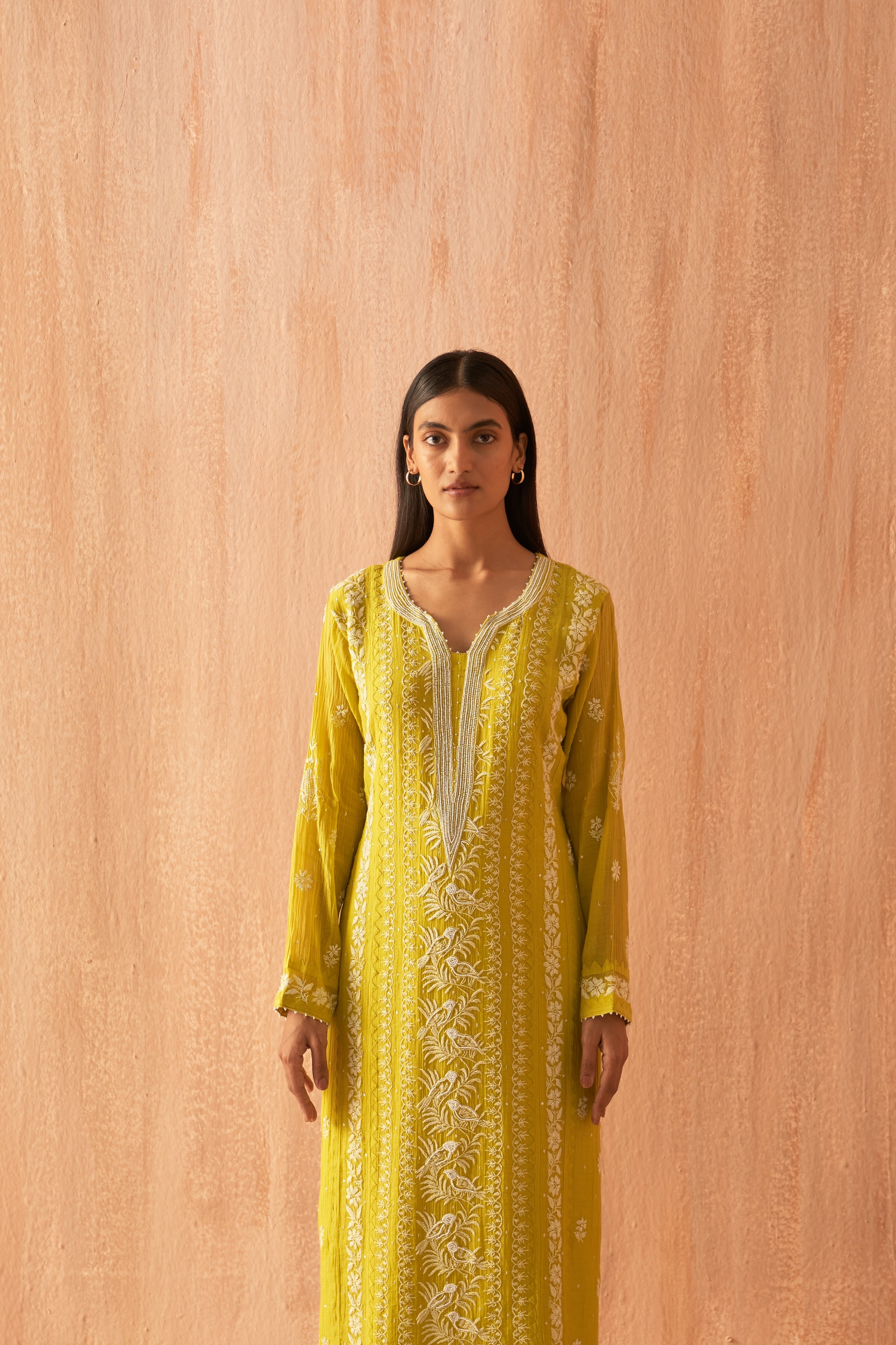 Lime green Mul chanderi Straight kurta set