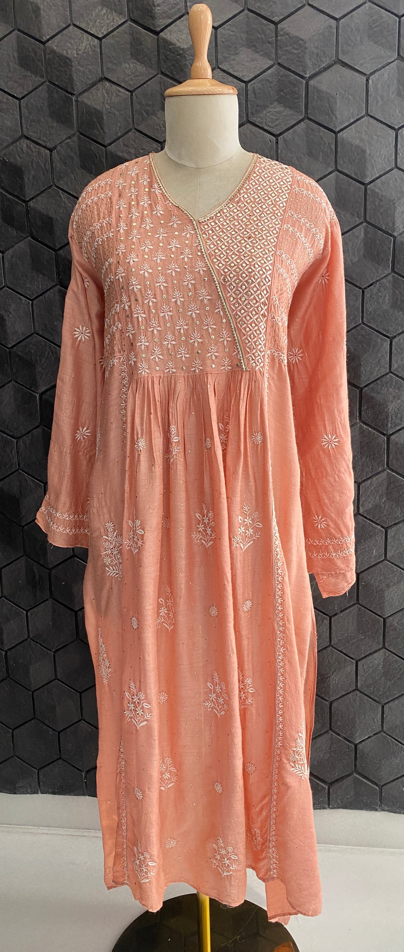 Peach Monga silk A-Line kurta set
