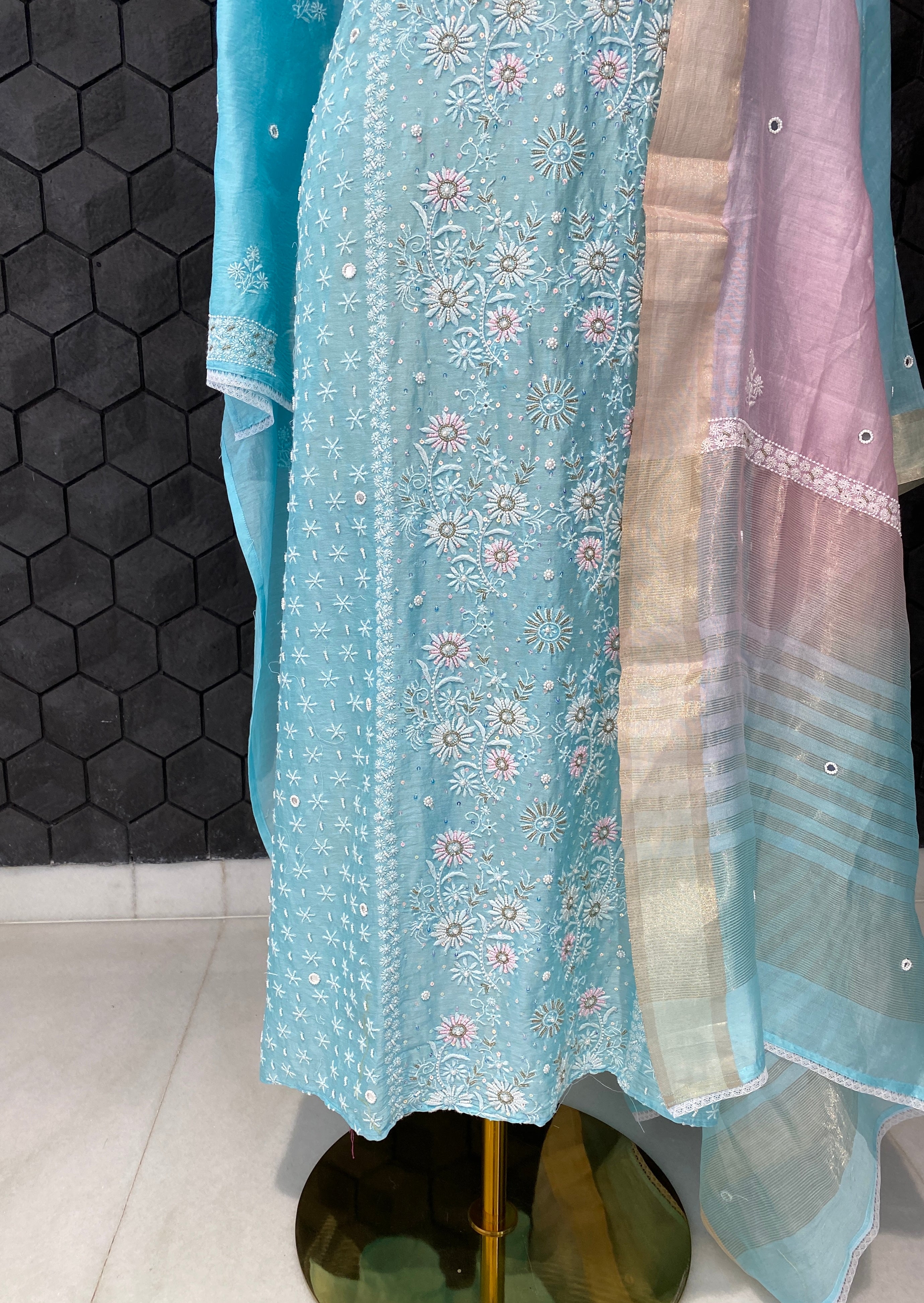 Sky Blue Chanderi Chikankari Kurta Set