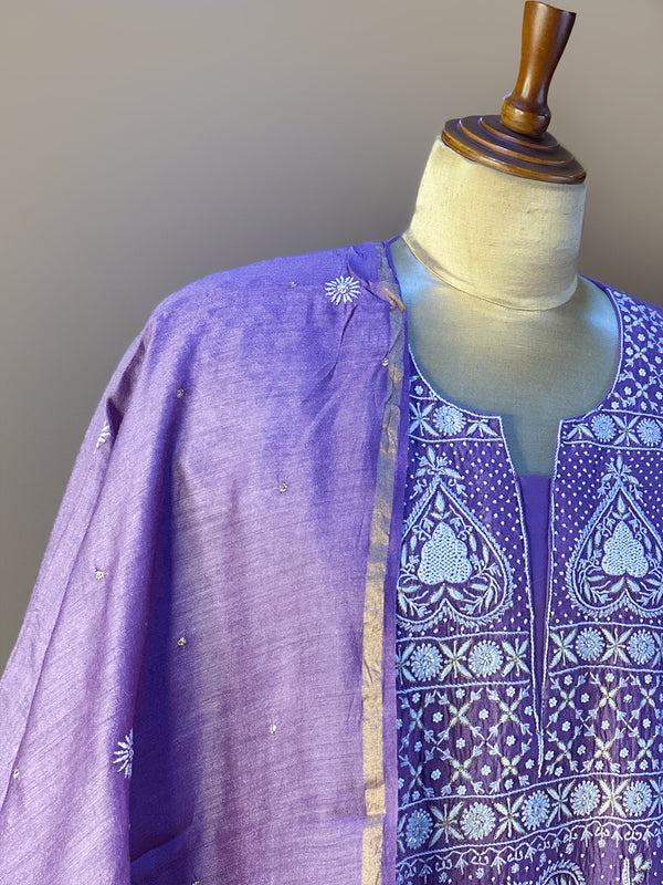 Purple Munga Silk chikankari kurta set