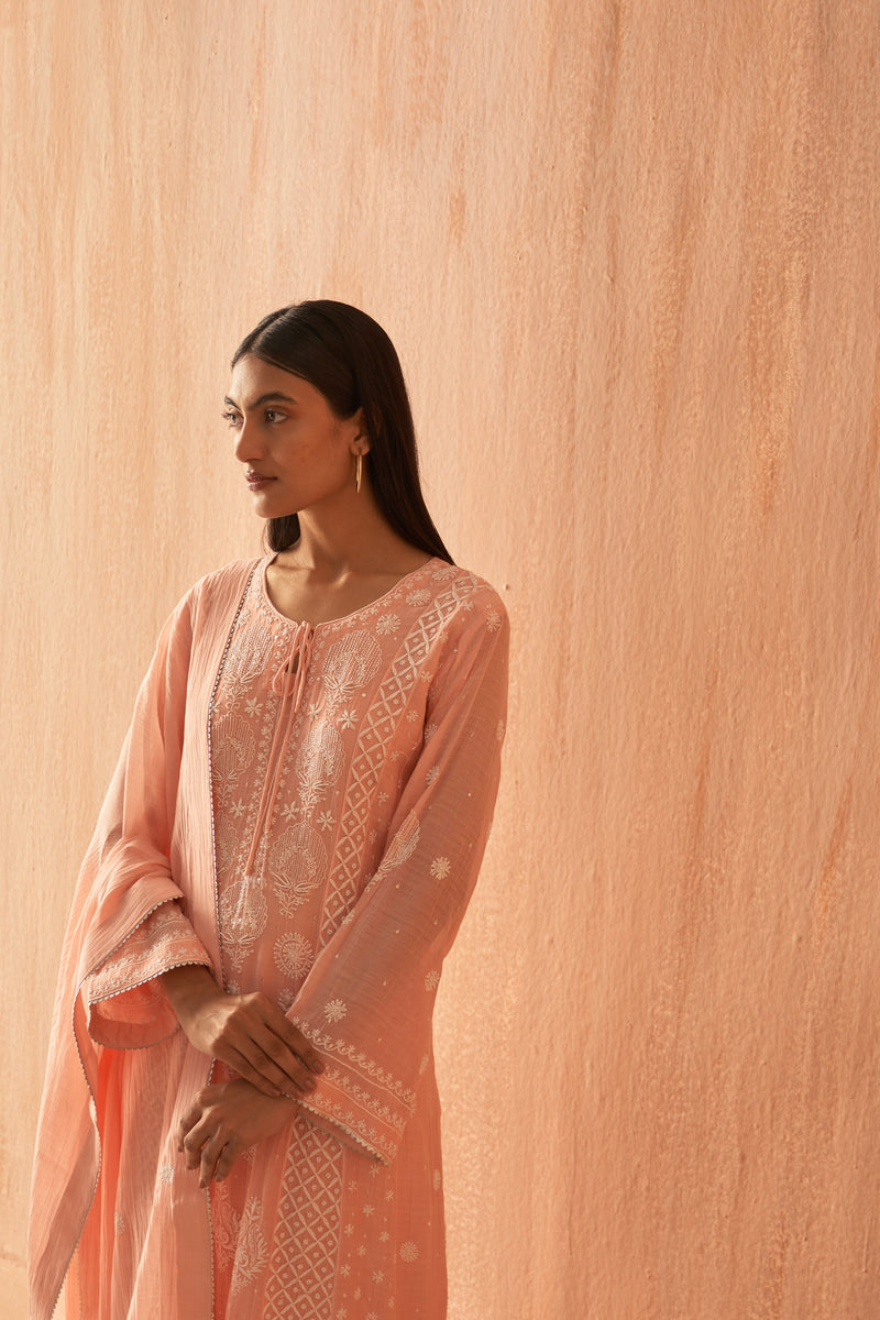 Peach soft Chanderi Heavy Chikankari Kurta Set
