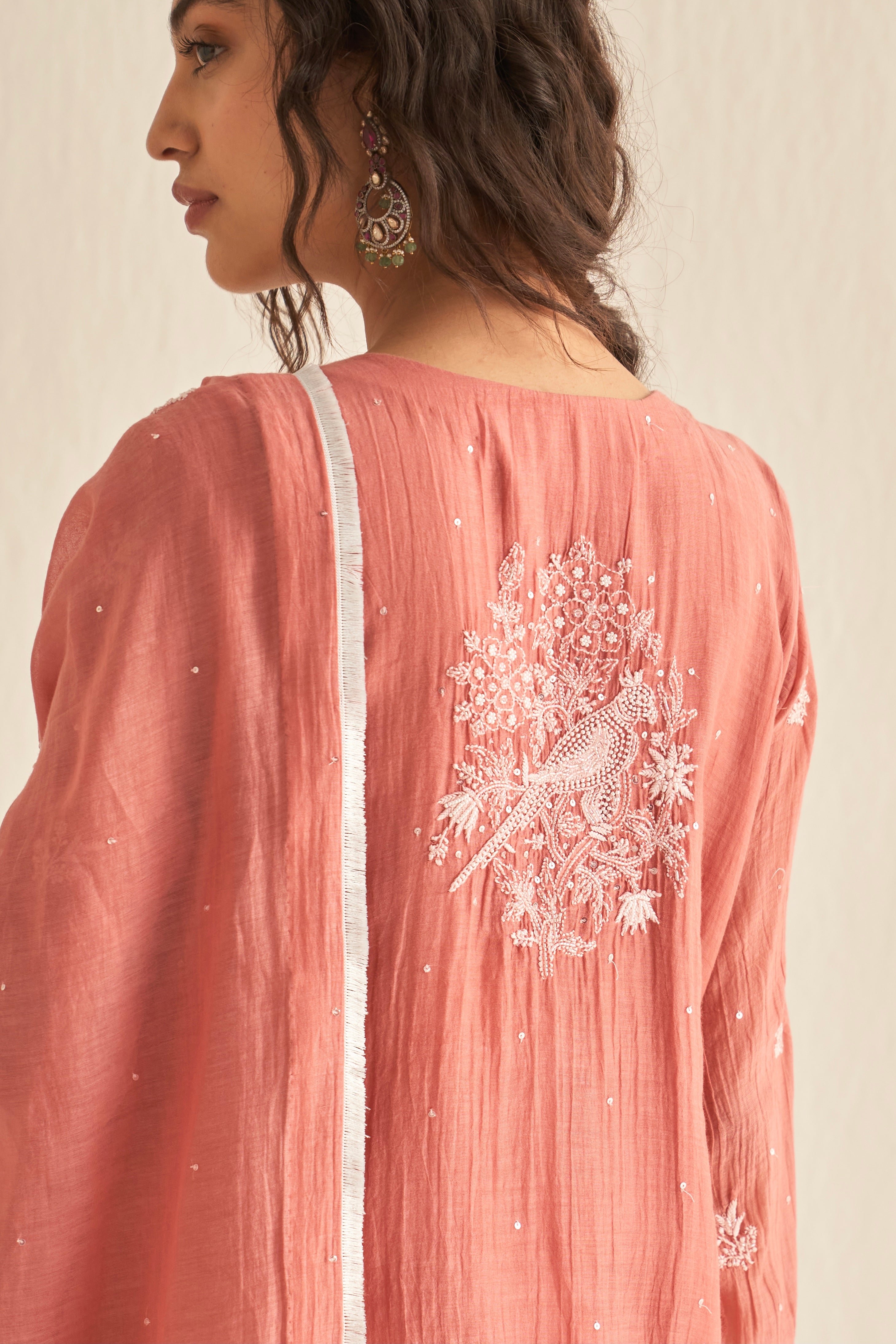 Pink mul chanderi chikankari straight kurta set