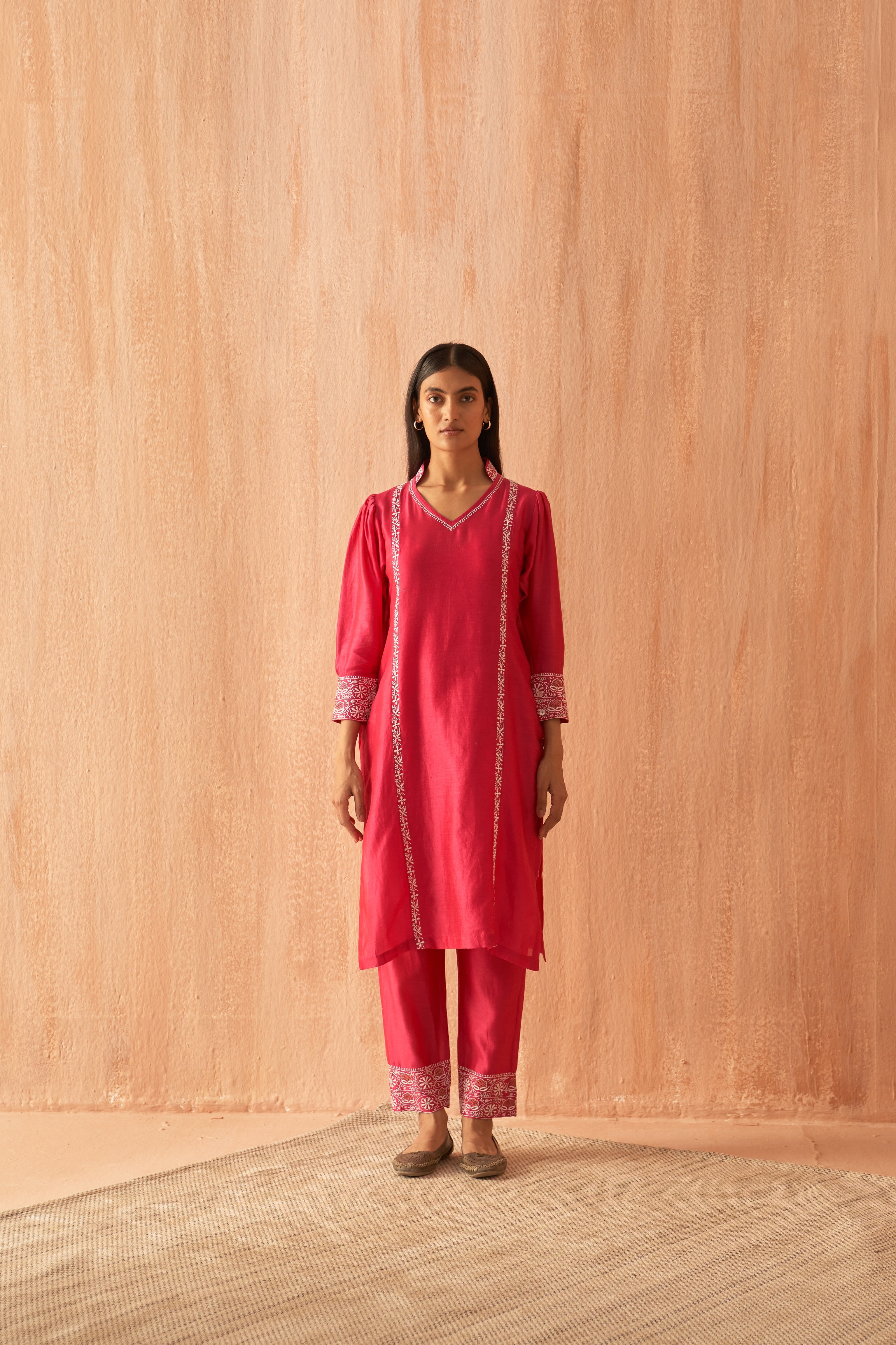 Fuschia chanderi chikankari Co-ord sets