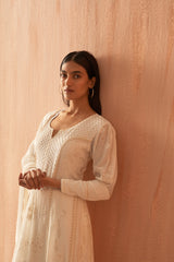 White Chanderi Chikankari Anarkali set with Pearl highlights