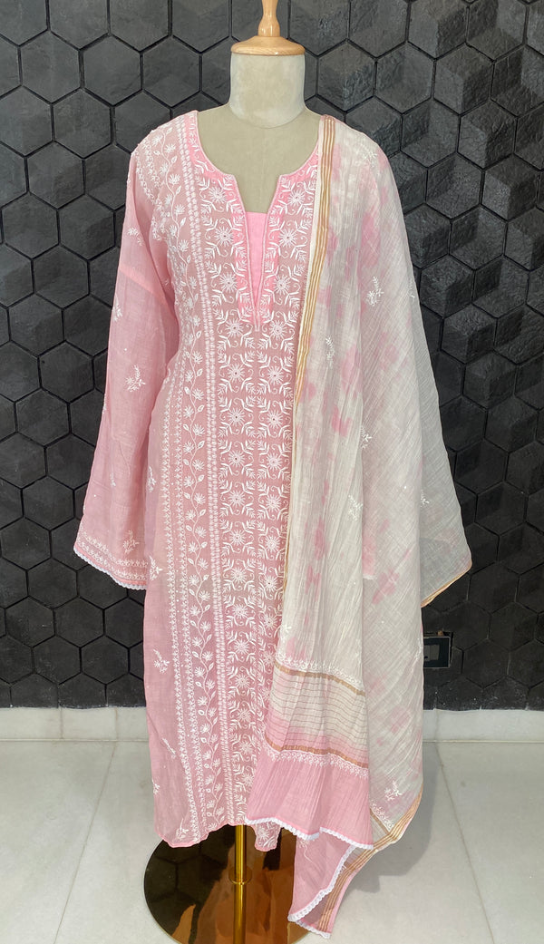 Pink soft chanderi kurta set with tie-dye dupatta