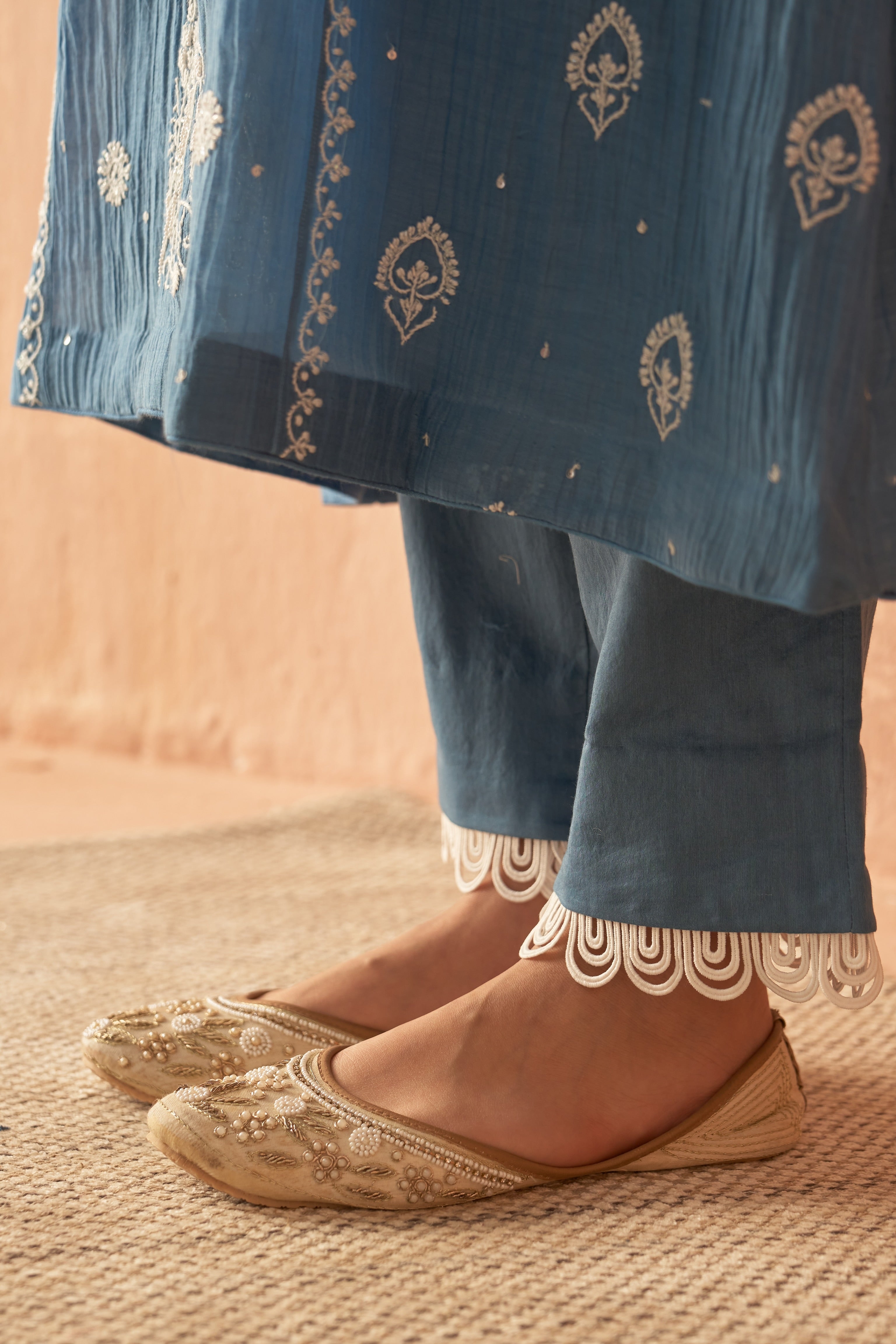 Cobalt Blue Mul chanderi chikankari kurta set