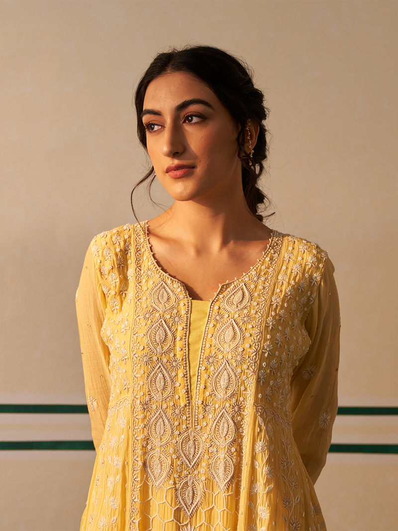 Yellow Chanderi Honeycomb Anarkali with heavy front and back work