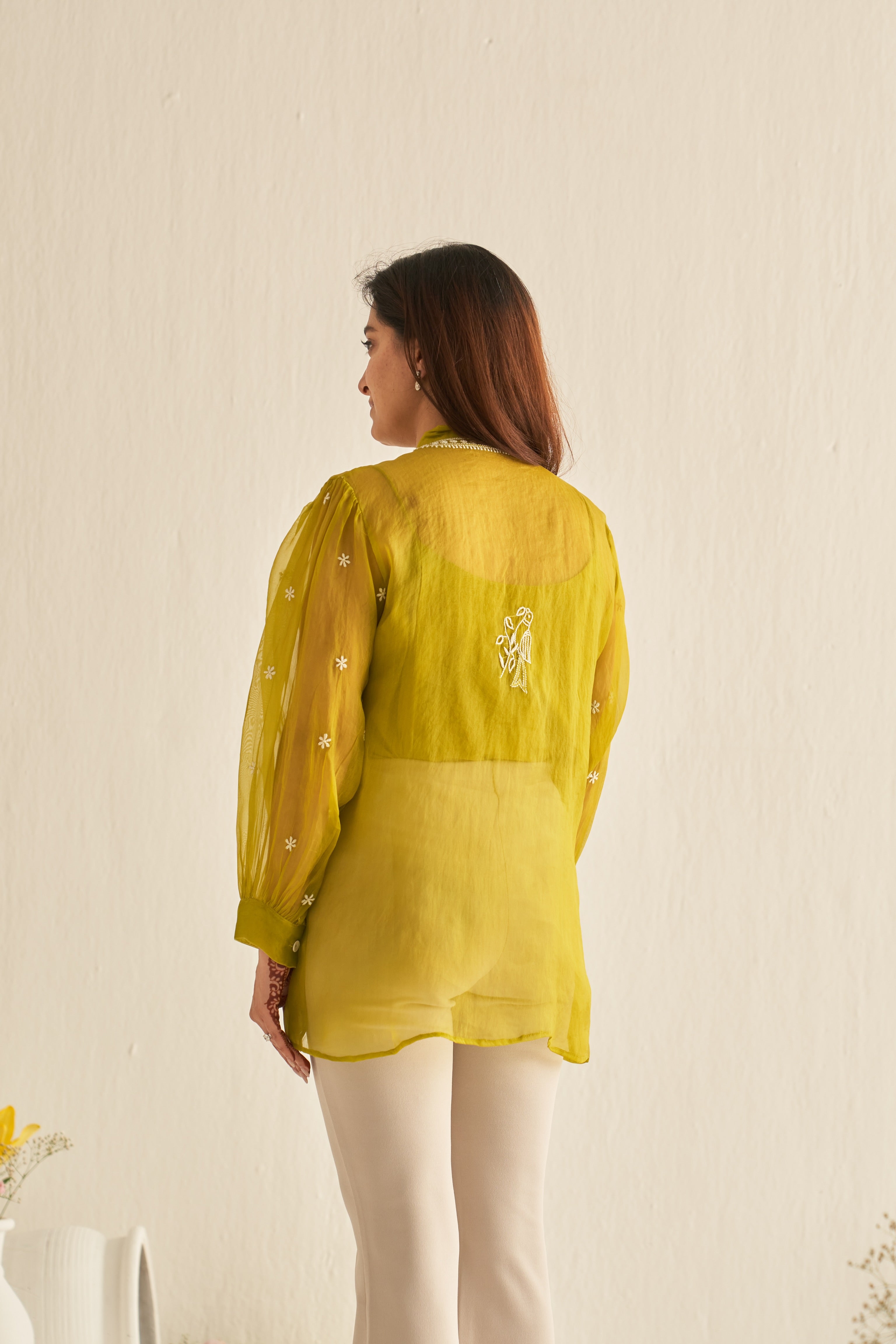 Lime green organza shirt with chikankari