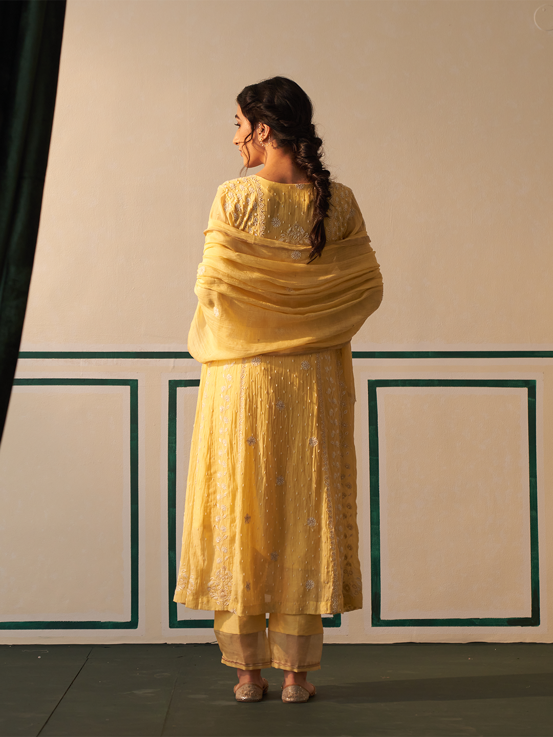 Yellow Chanderi Honeycomb Anarkali with heavy front and back work