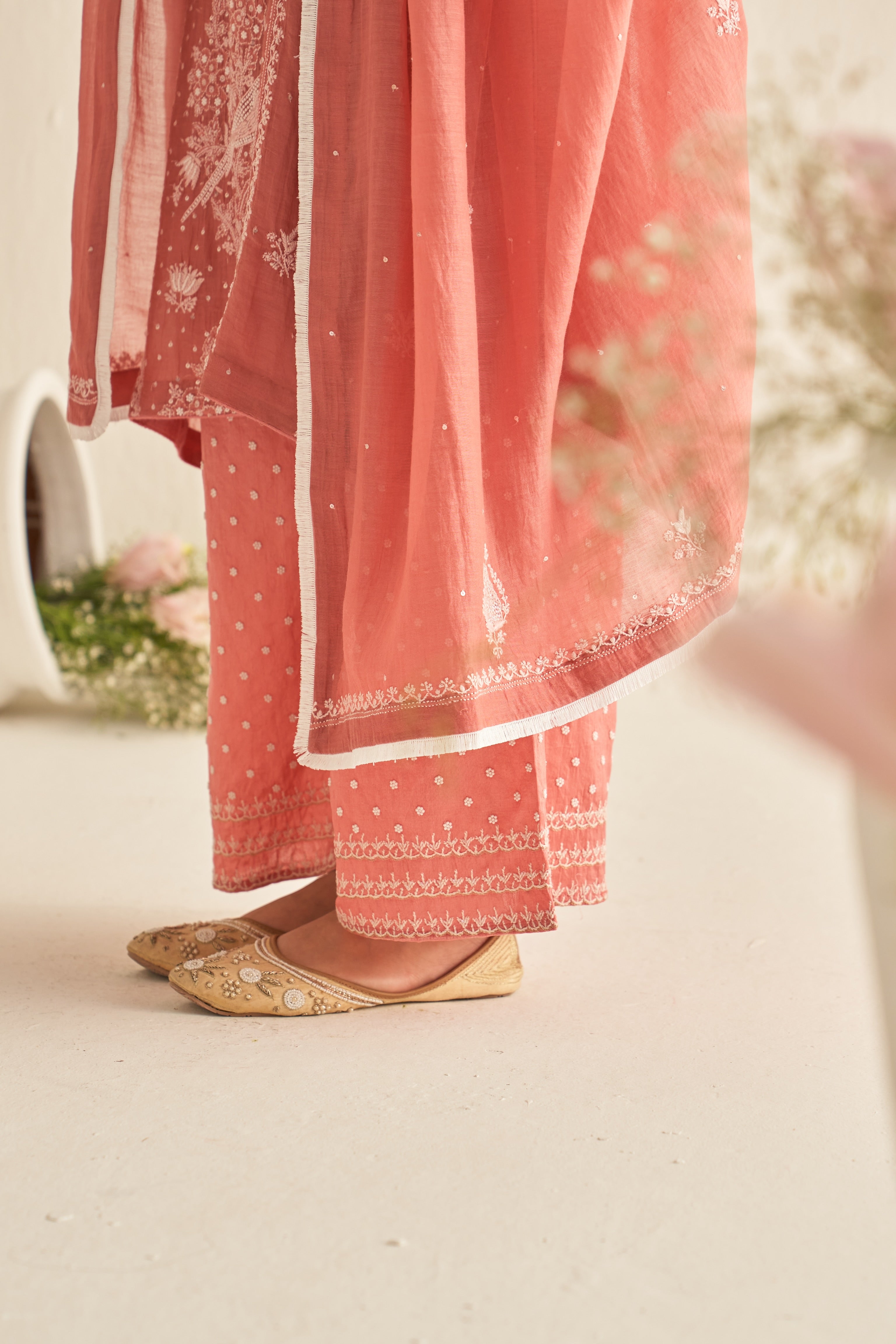 Pink mul chanderi chikankari straight kurta set