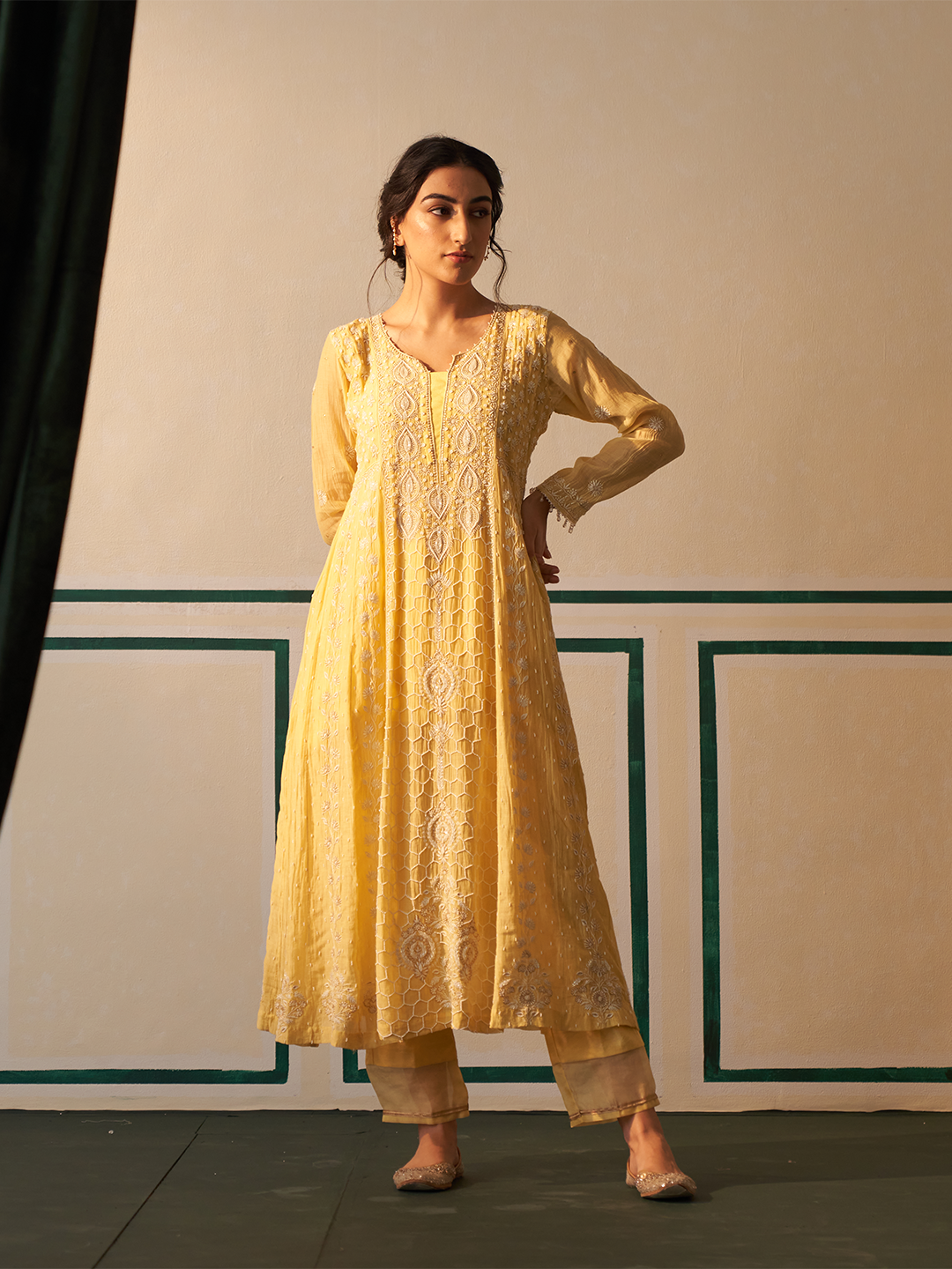 Yellow Chanderi Honeycomb Anarkali with heavy front and back work