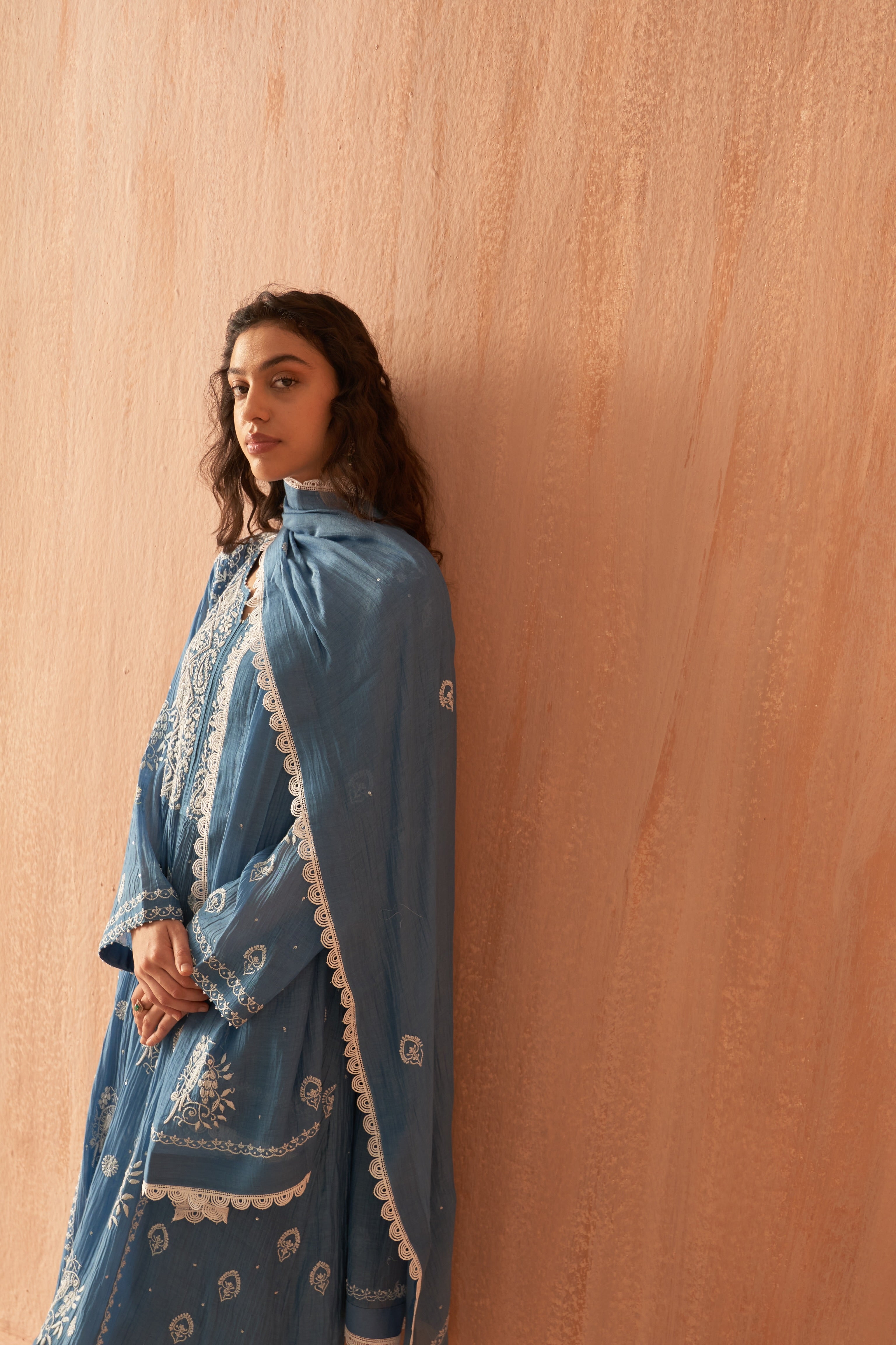 Cobalt Blue Mul chanderi chikankari kurta set