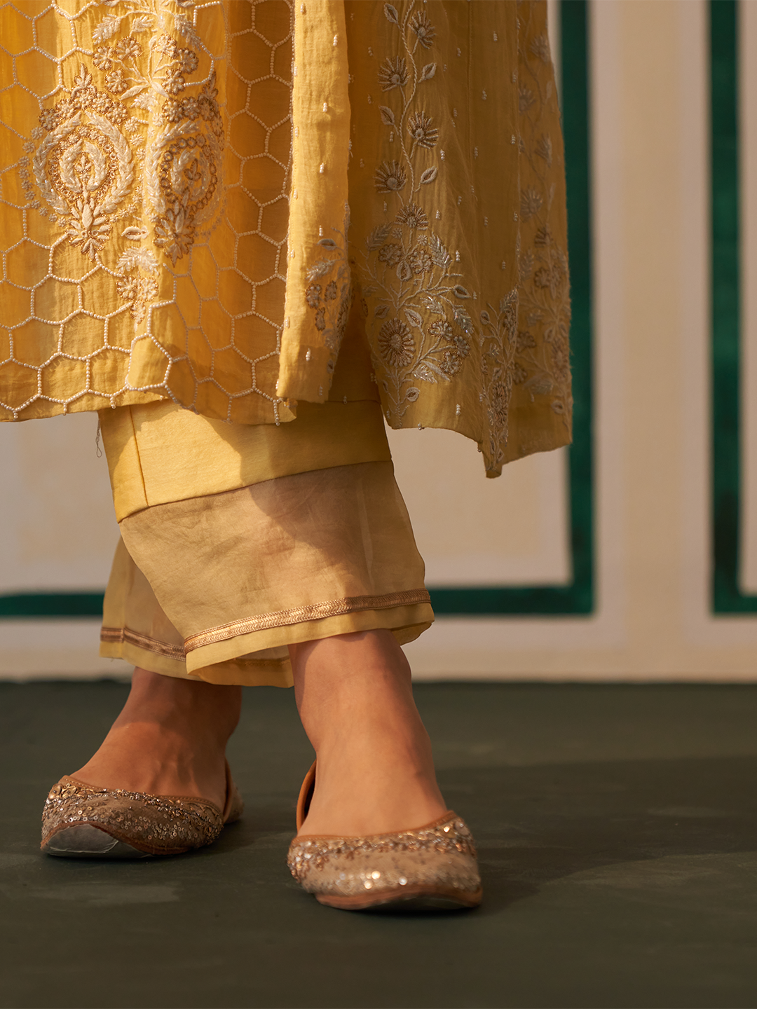 Yellow Chanderi Honeycomb Anarkali with heavy front and back work