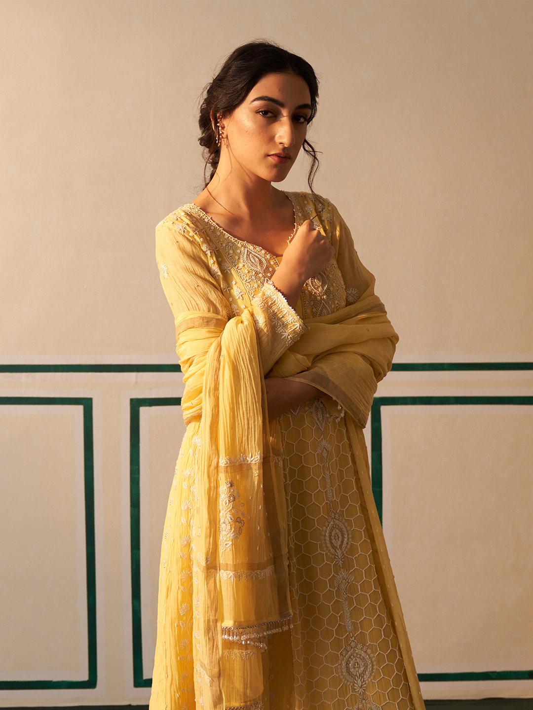 Yellow Chanderi Honeycomb Anarkali with heavy front and back work