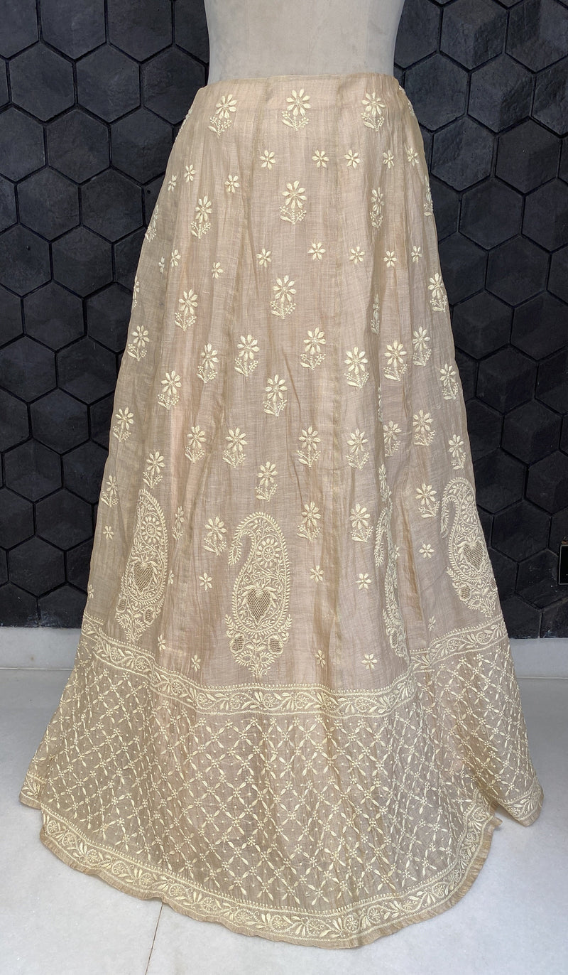 Gold tissue chikankari lehenga skirt with heavy embroidery