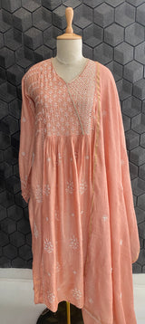 Peach Monga silk A-Line kurta set