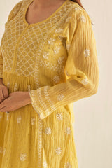 Yellow mul chanderi sharara set with mukaish and chikankari work