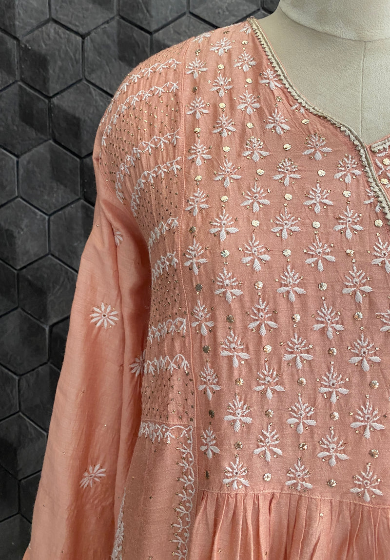 Peach Monga silk A-Line kurta set
