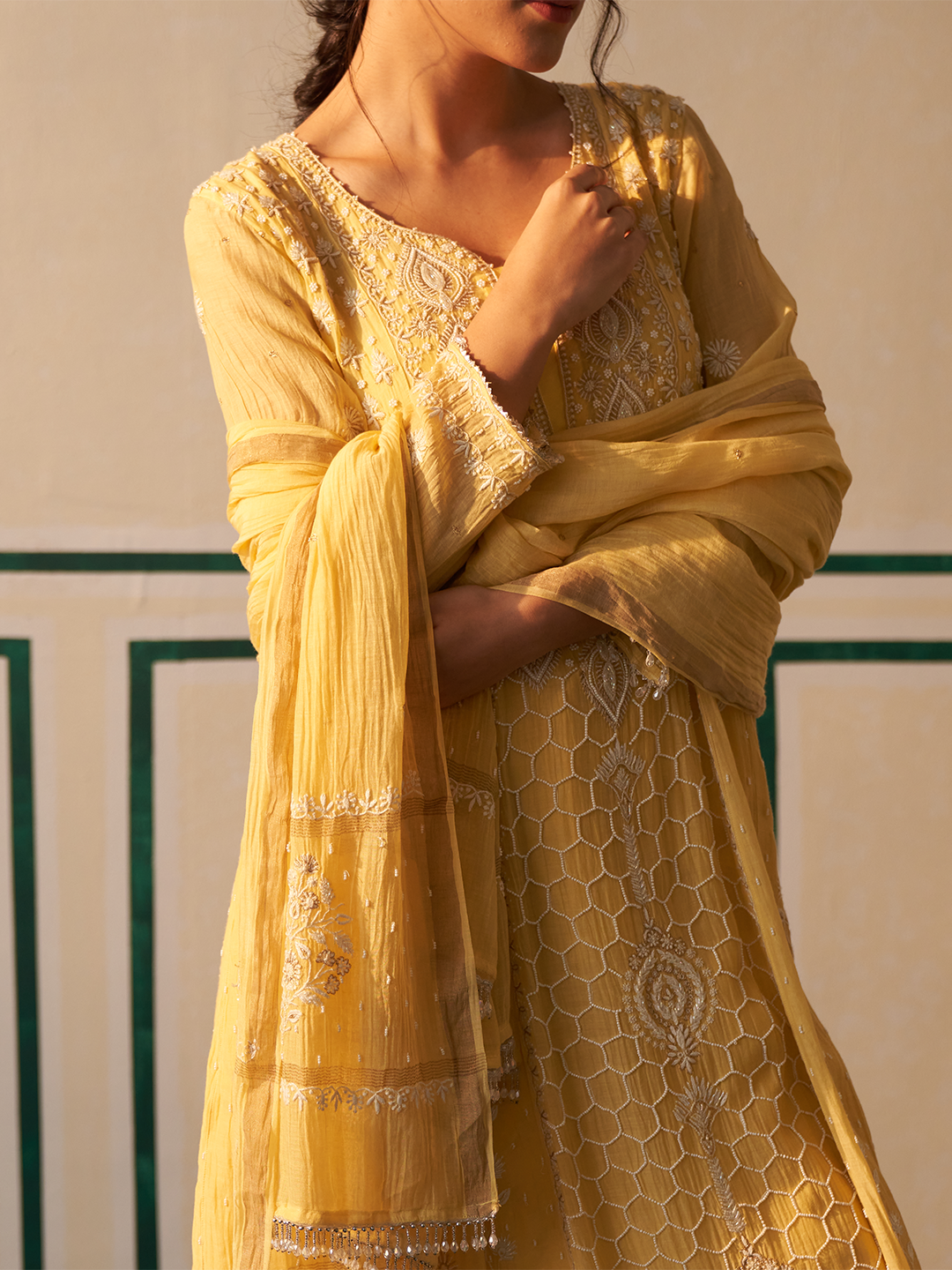 Yellow Chanderi Honeycomb Anarkali with heavy front and back work