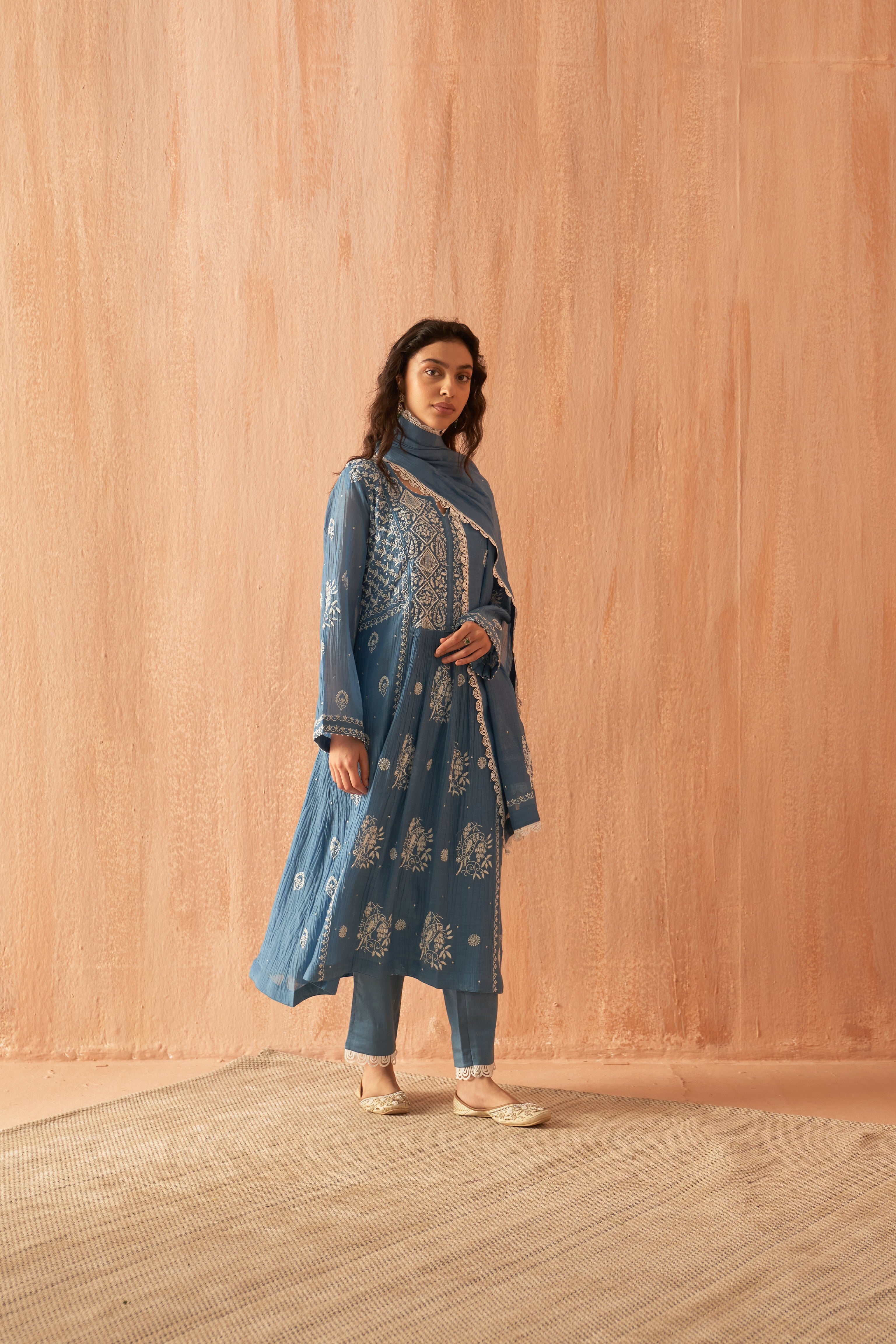 Cobalt Blue Mul chanderi chikankari kurta set