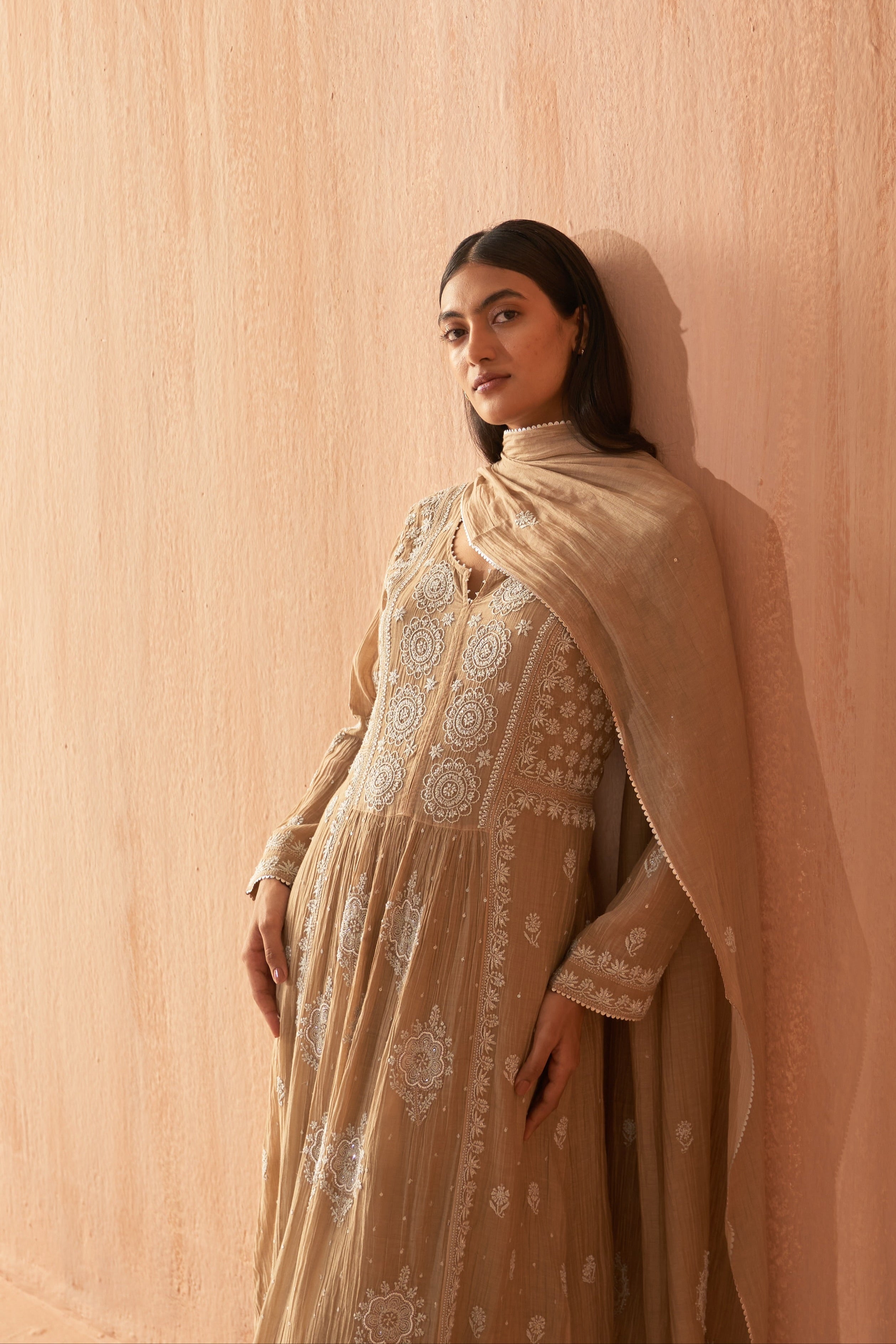 Brown Mul Chanderi Anarkali Set with Pearl and Chikankari Embroidery