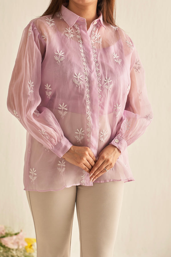 Lavender organza shirt with chikankari