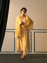 Yellow Chanderi Honeycomb Anarkali with heavy front and back work