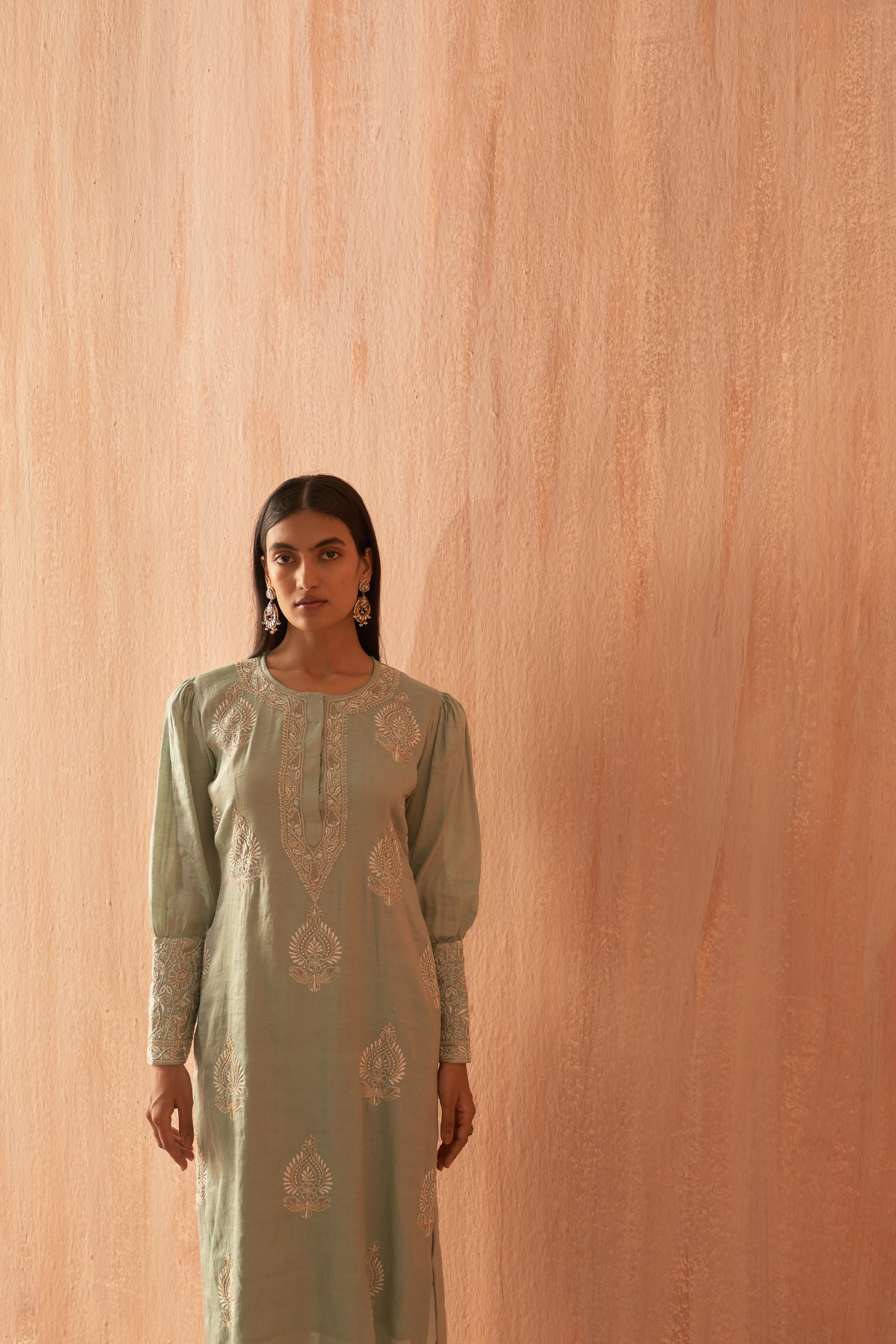 Mint tissue Chikankari and Zari kurta set