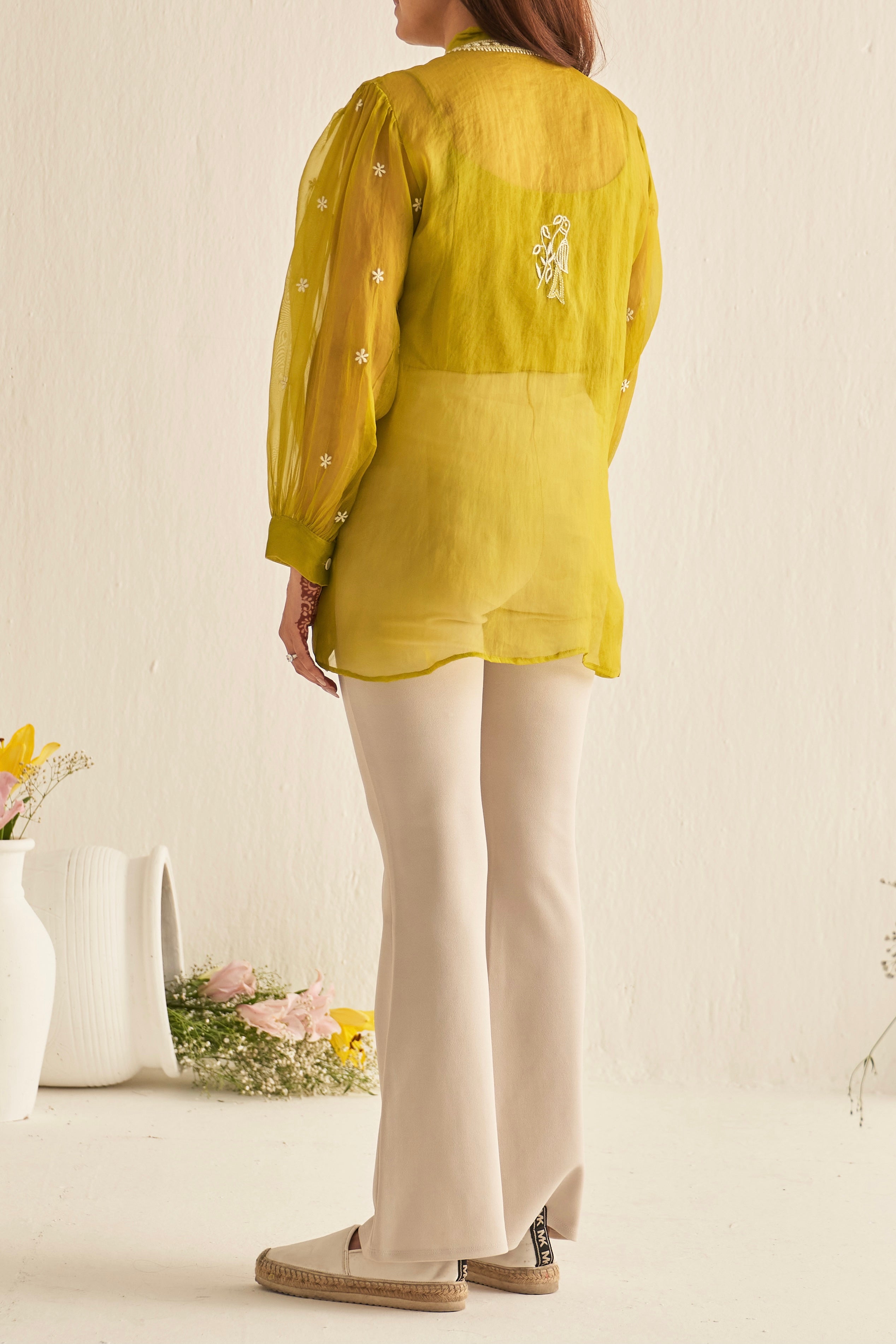 Lime green organza shirt with chikankari