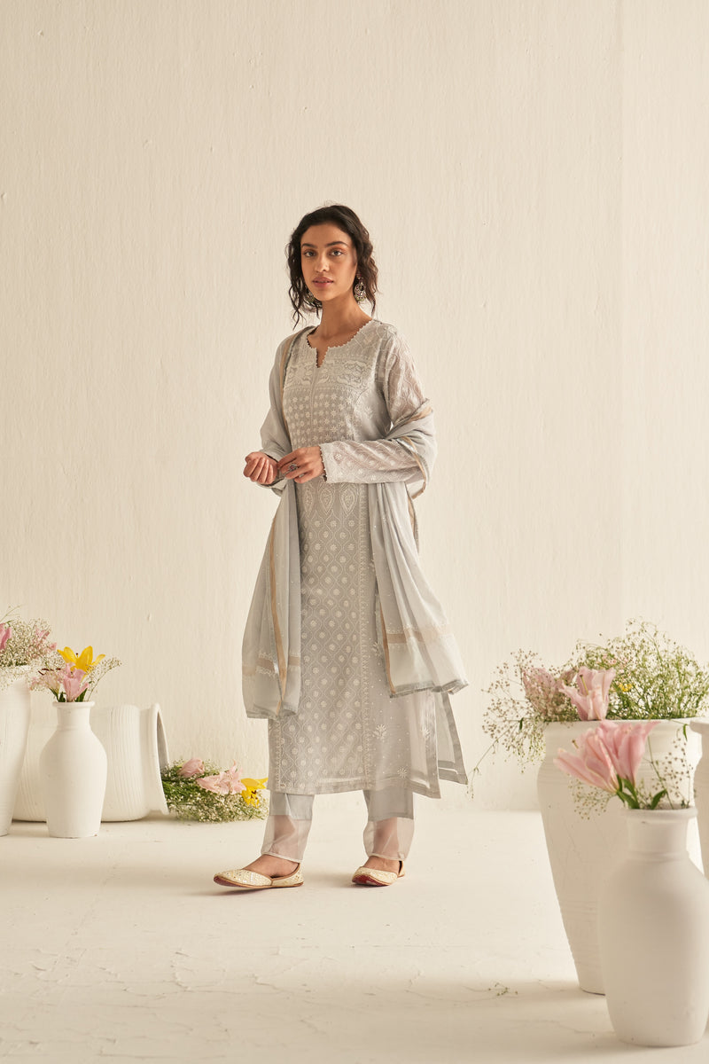 Light grey Maheshwari straight kurta set