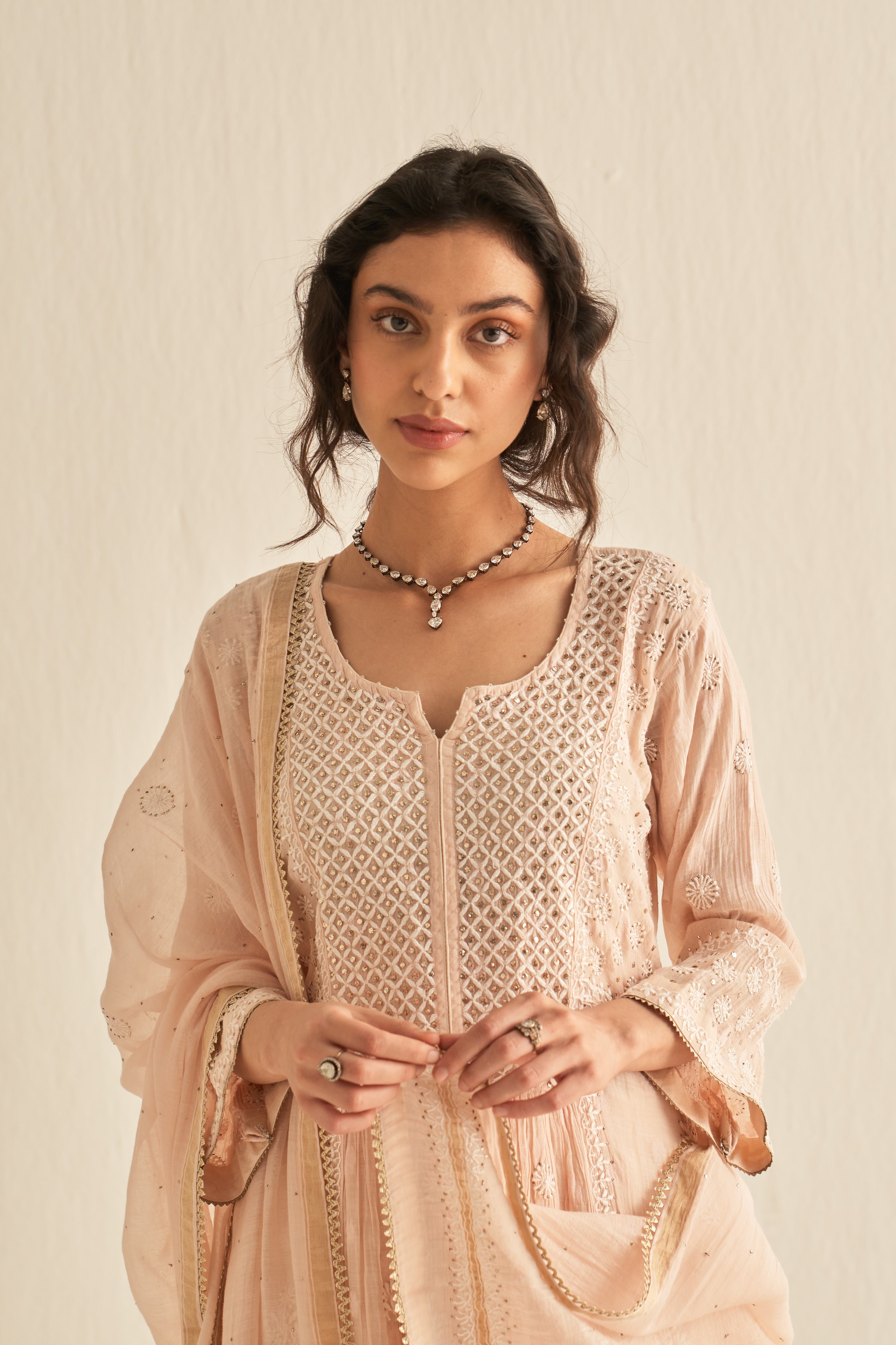 Peach mul chanderi with jacquard weaving kurta set