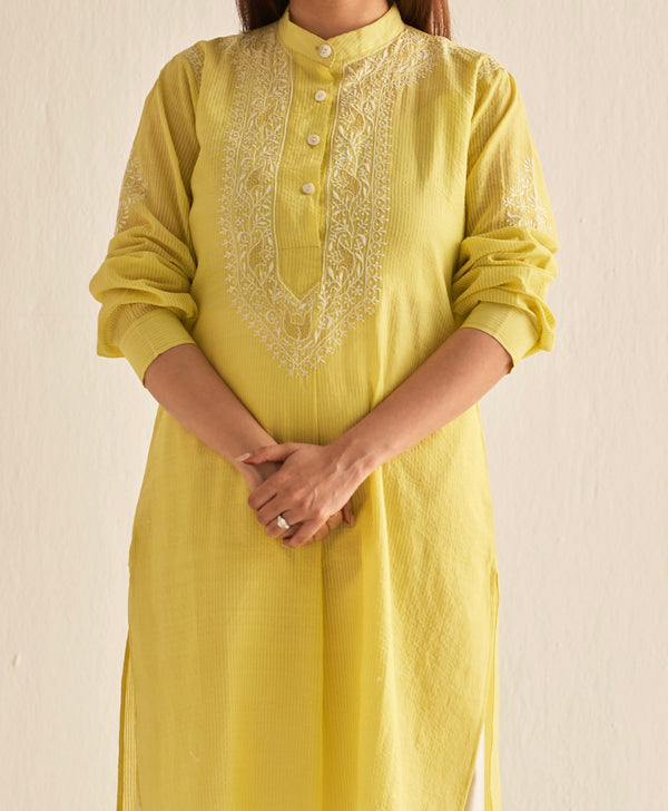 Yellow Chanderi stripped handloom kurta