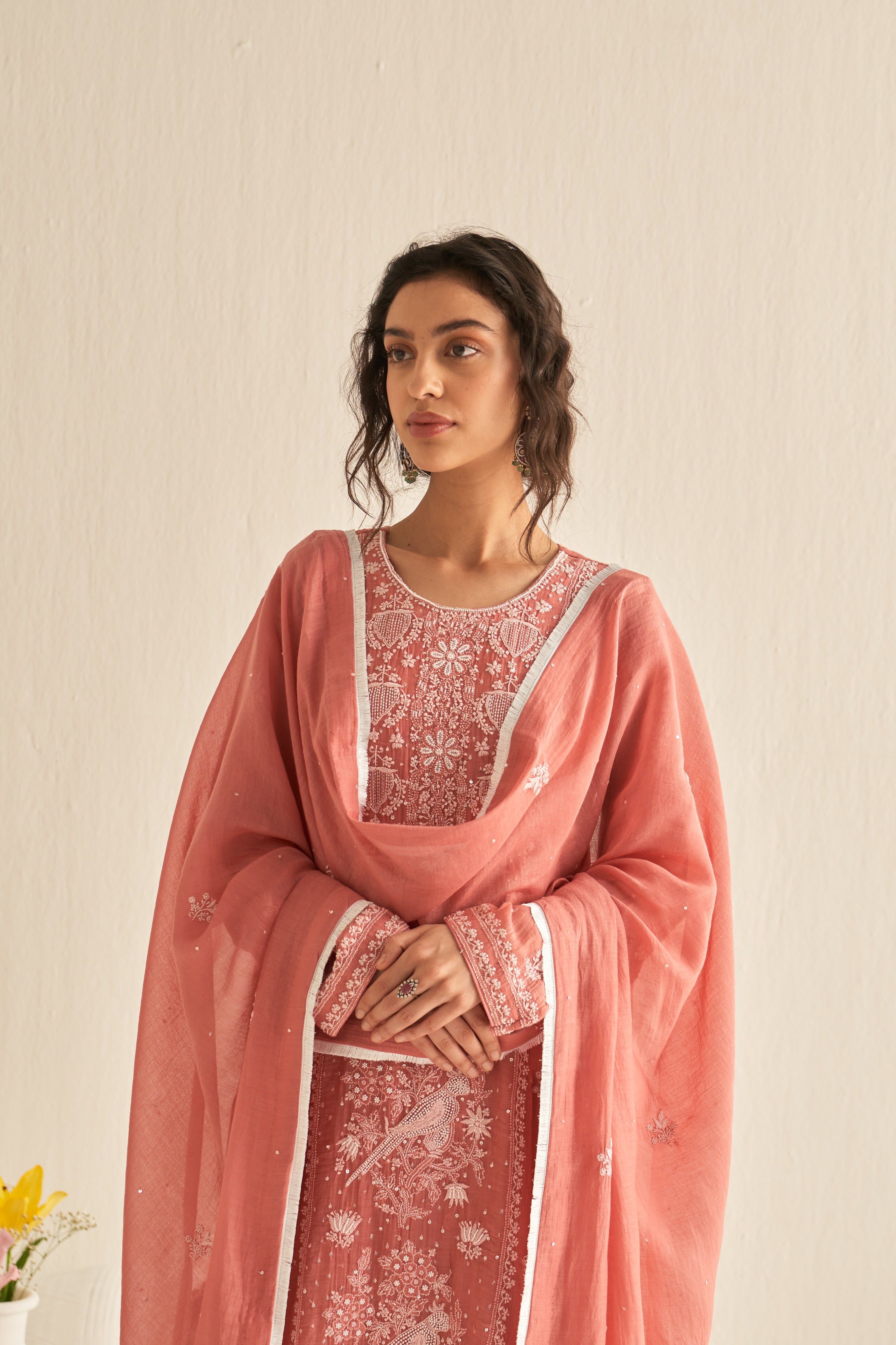 Pink mul chanderi chikankari straight kurta set