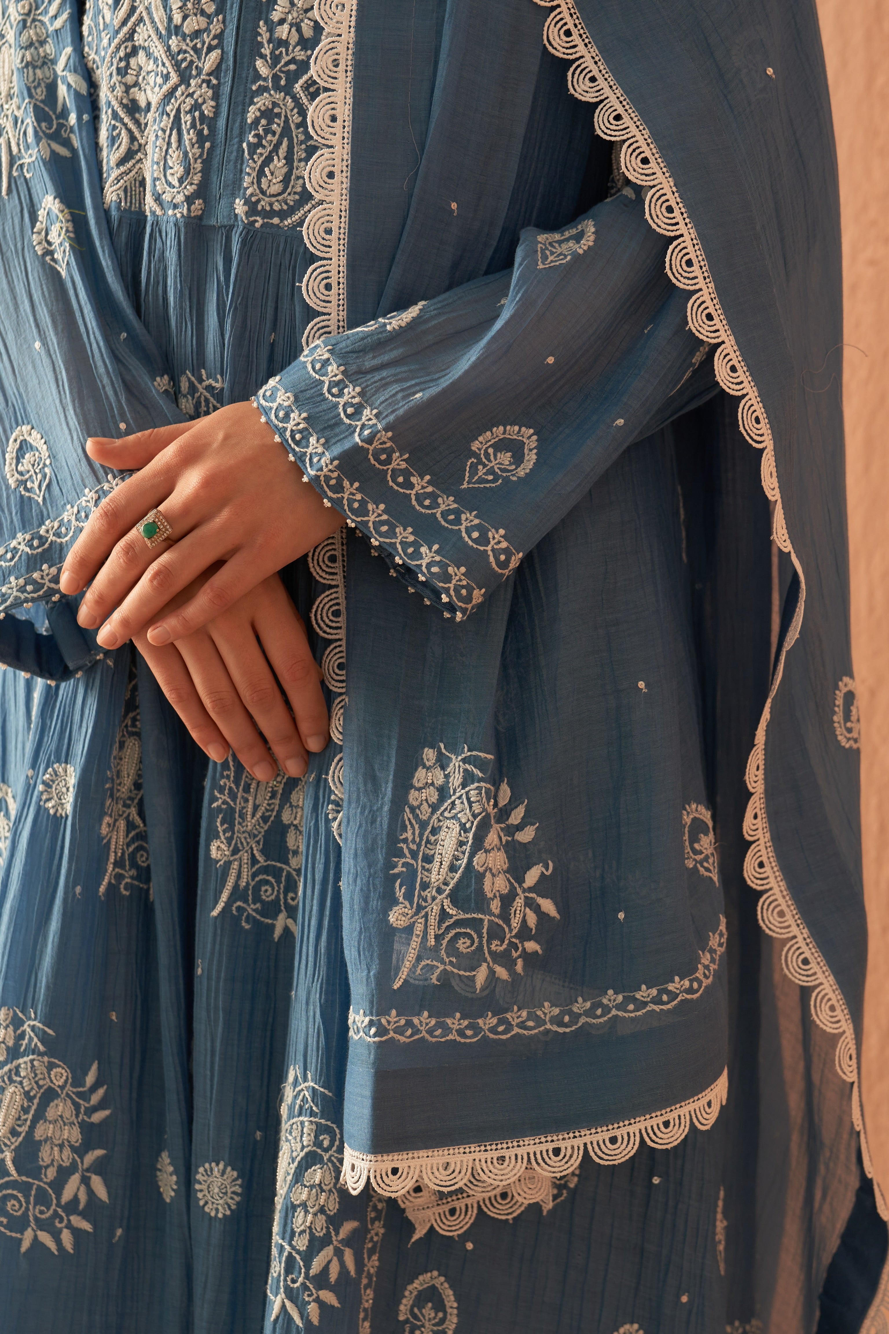 Cobalt Blue Mul chanderi chikankari kurta set