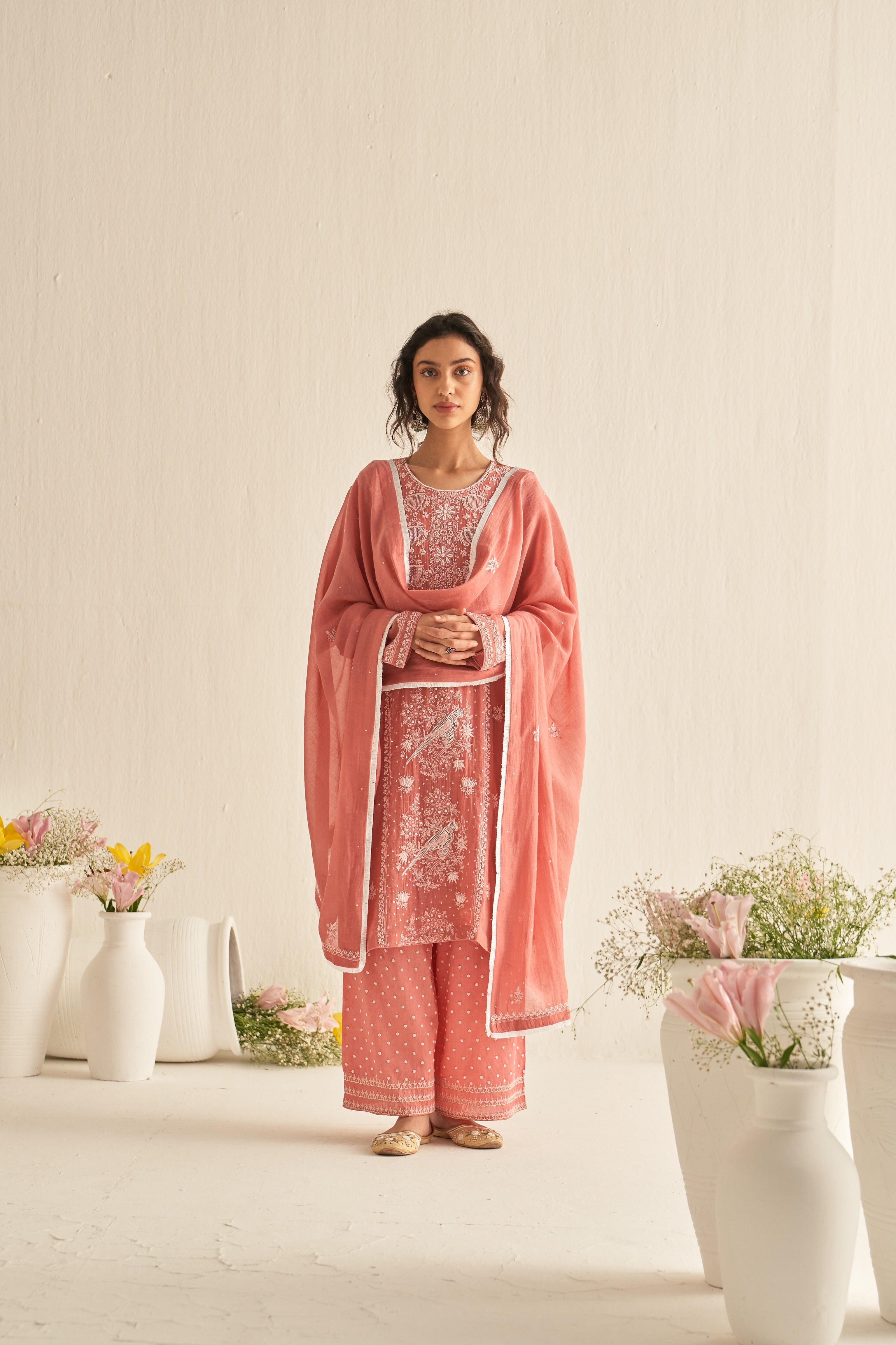 Pink mul chanderi chikankari straight kurta set