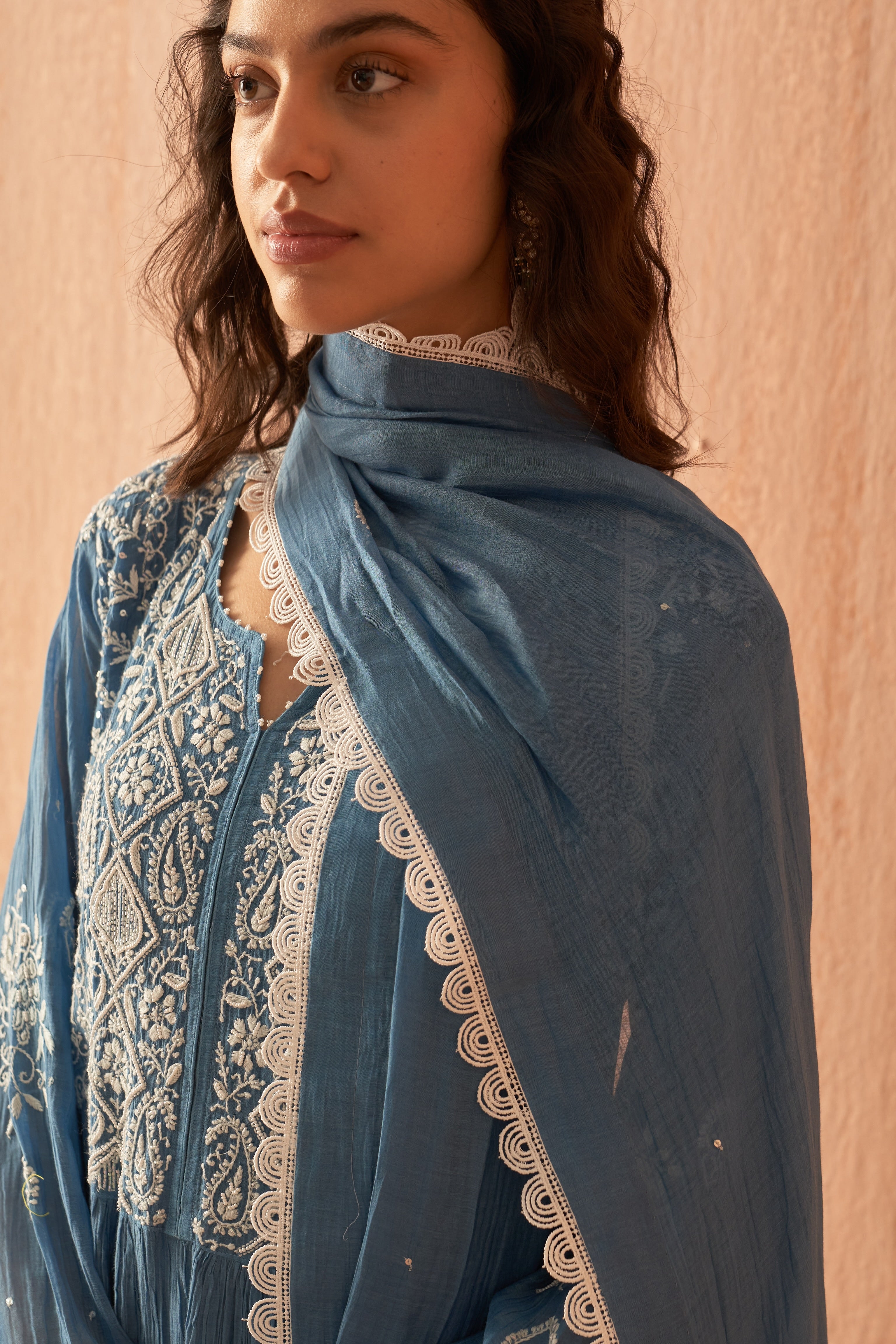 Cobalt Blue Mul chanderi chikankari kurta set