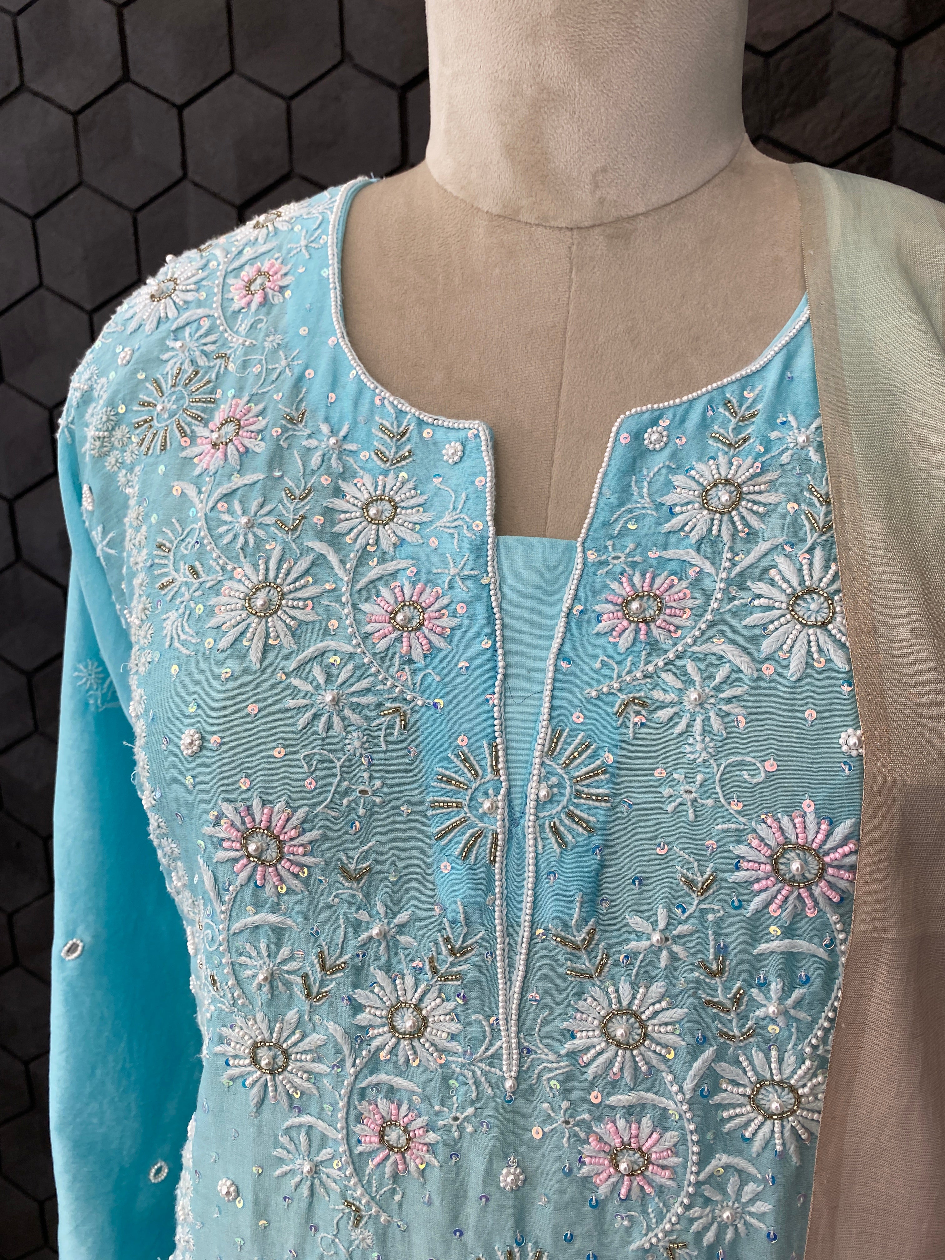 Sky Blue Chanderi Chikankari Kurta Set