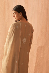 Brown Mul Chanderi Anarkali Set with Pearl and Chikankari Embroidery