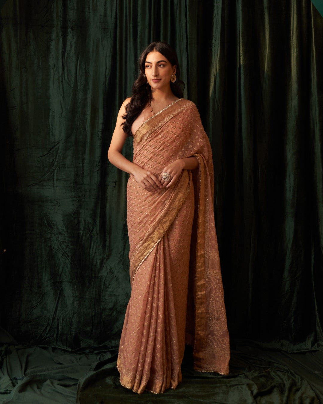 Peach Tissue chikankari and mukaish Saree