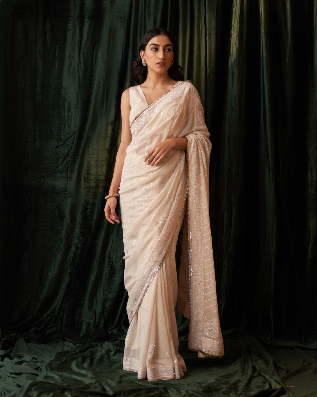 Ivory Chiffon Heavy Palla Saree