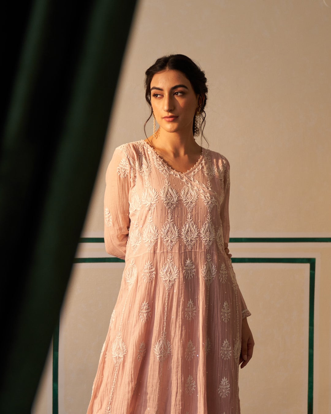 Pink Chikankari Mul Chanderi Anarkali