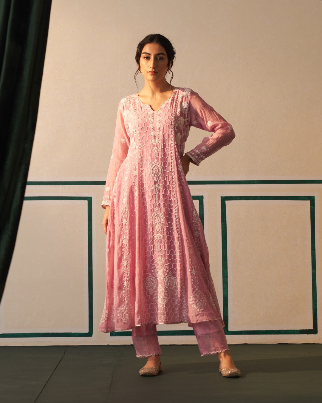 Pink Chanderi Honeycomb Anarkali with heavy front and back work